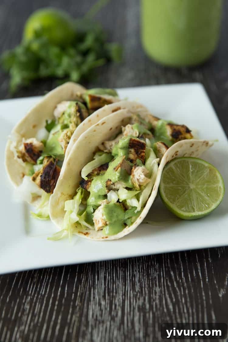 Delicious chicken tacos with homemade cilantro lime ranch dressing, vibrant and ready to serve