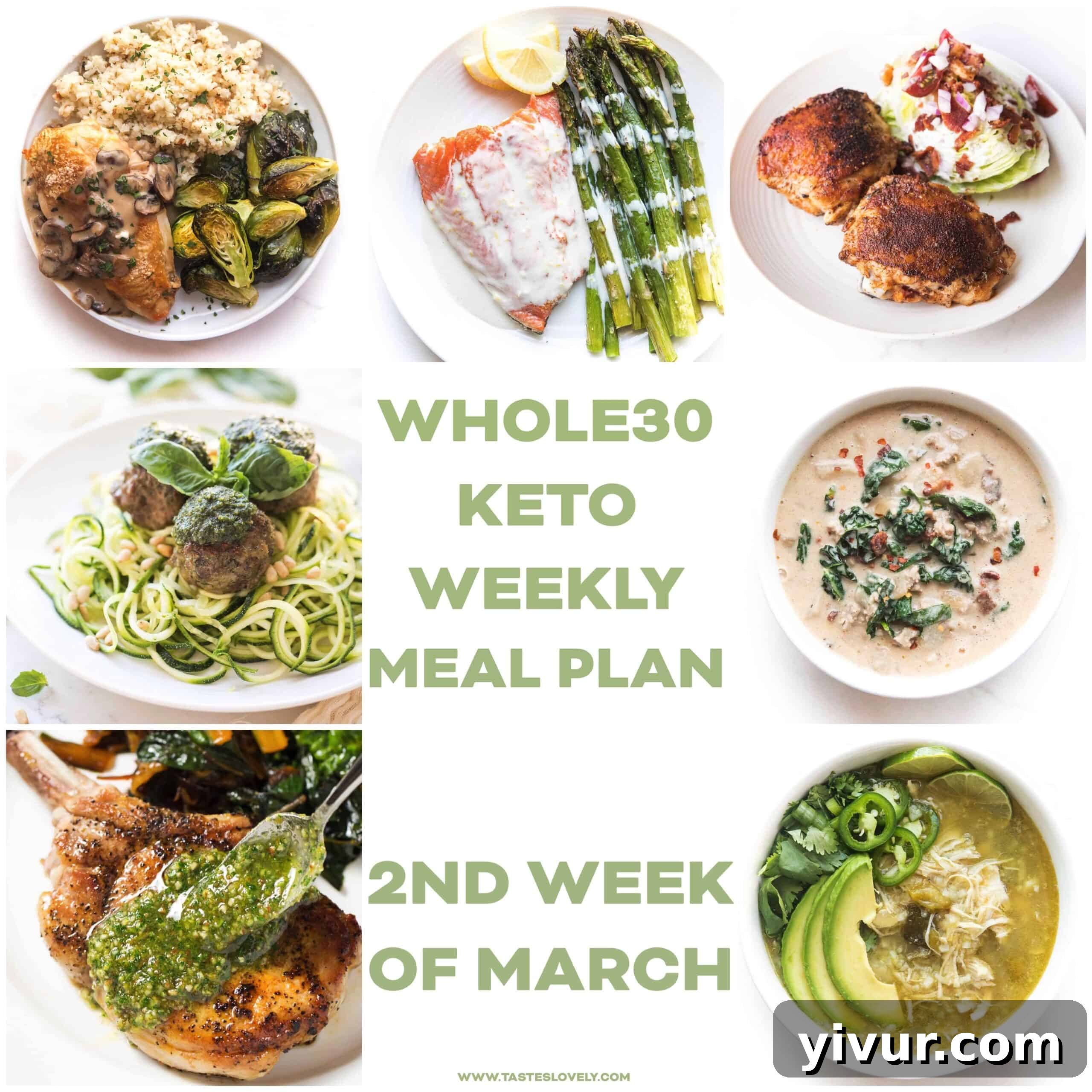 A beautifully arranged selection of fresh Whole30 and Keto compliant ingredients, including various vegetables, fruits, and lean proteins, symbolizing a healthy weekly meal plan.