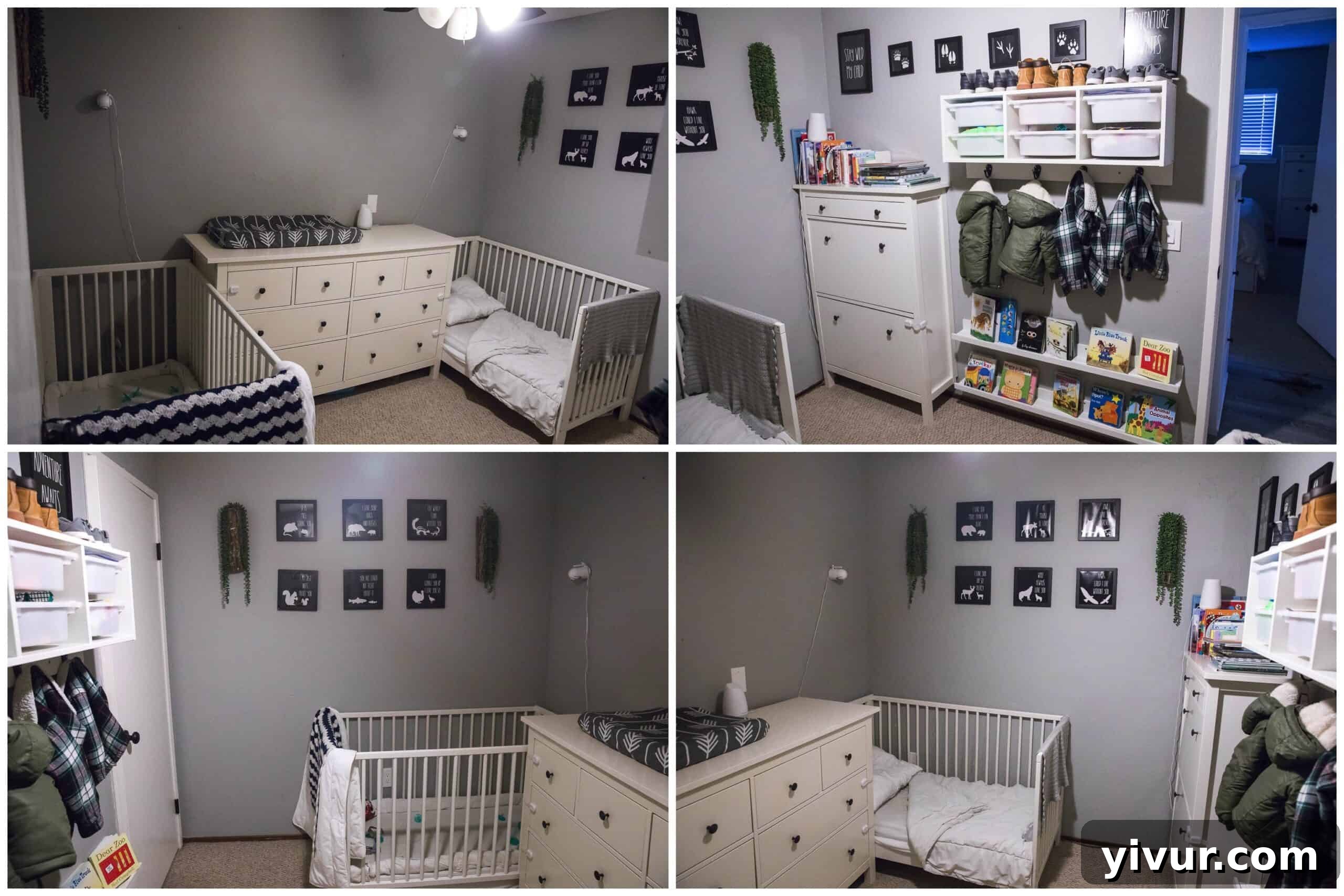 Step Inside Our 700 Sq Ft Tiny Home 7 Boys' tiny home bedroom with cribs, dresser, and playful wall decor