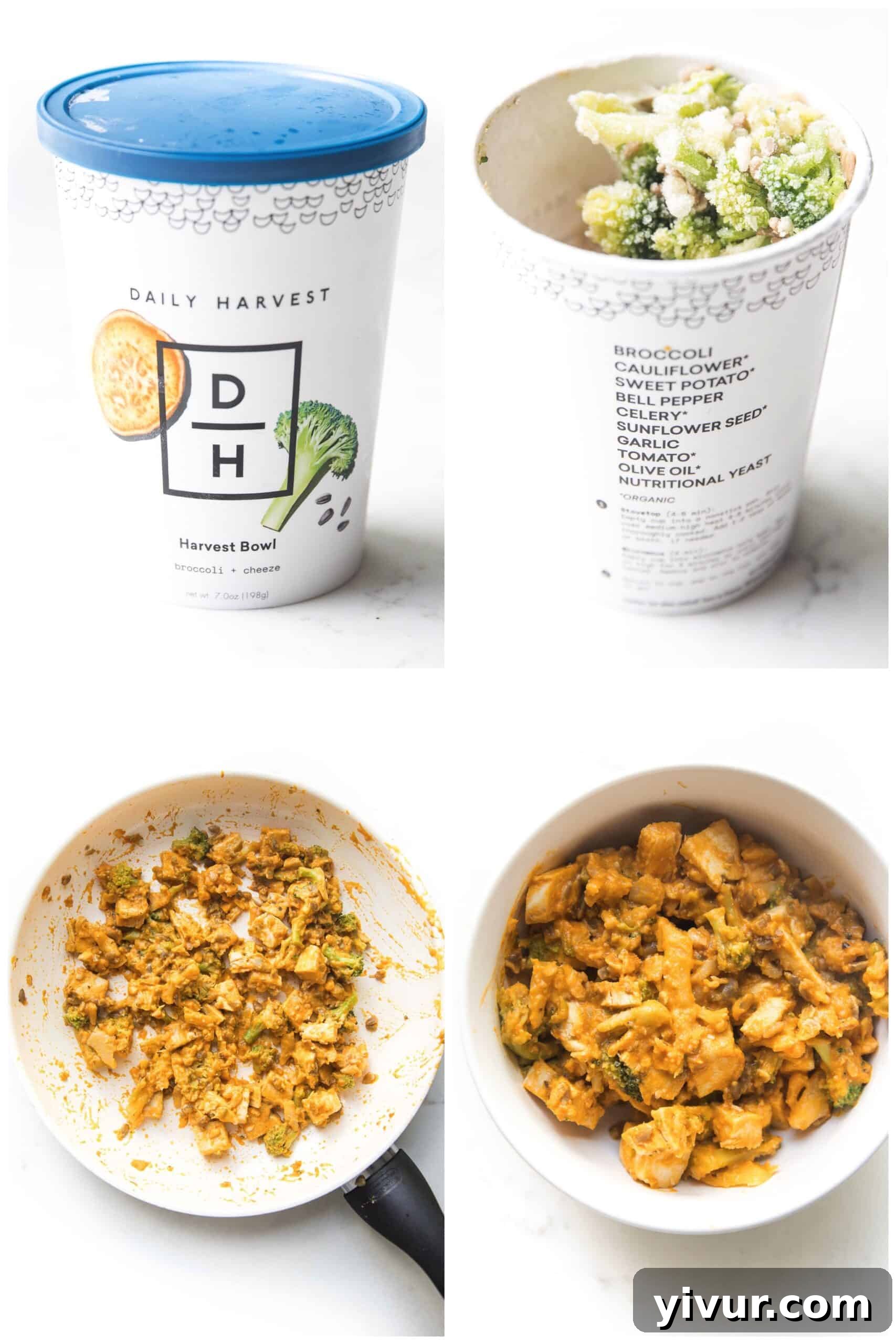 Daily Harvest Harvest Bowl - Broccoli + Cheeze, a creamy and dairy-free option for a quick meal.