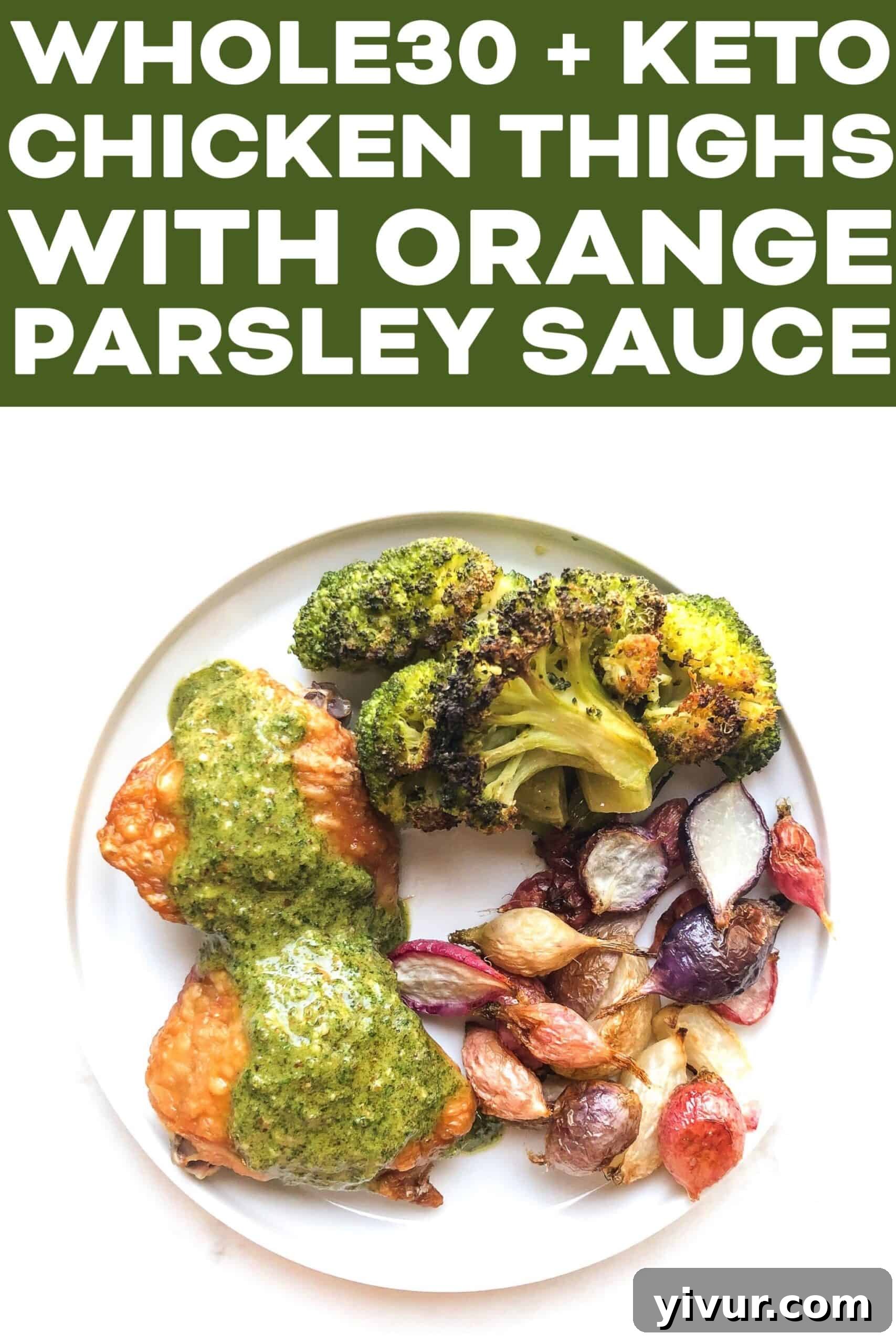 Crispy chicken thighs with bright orange parsley sauce, served on a white plate with roasted vegetables, close-up view