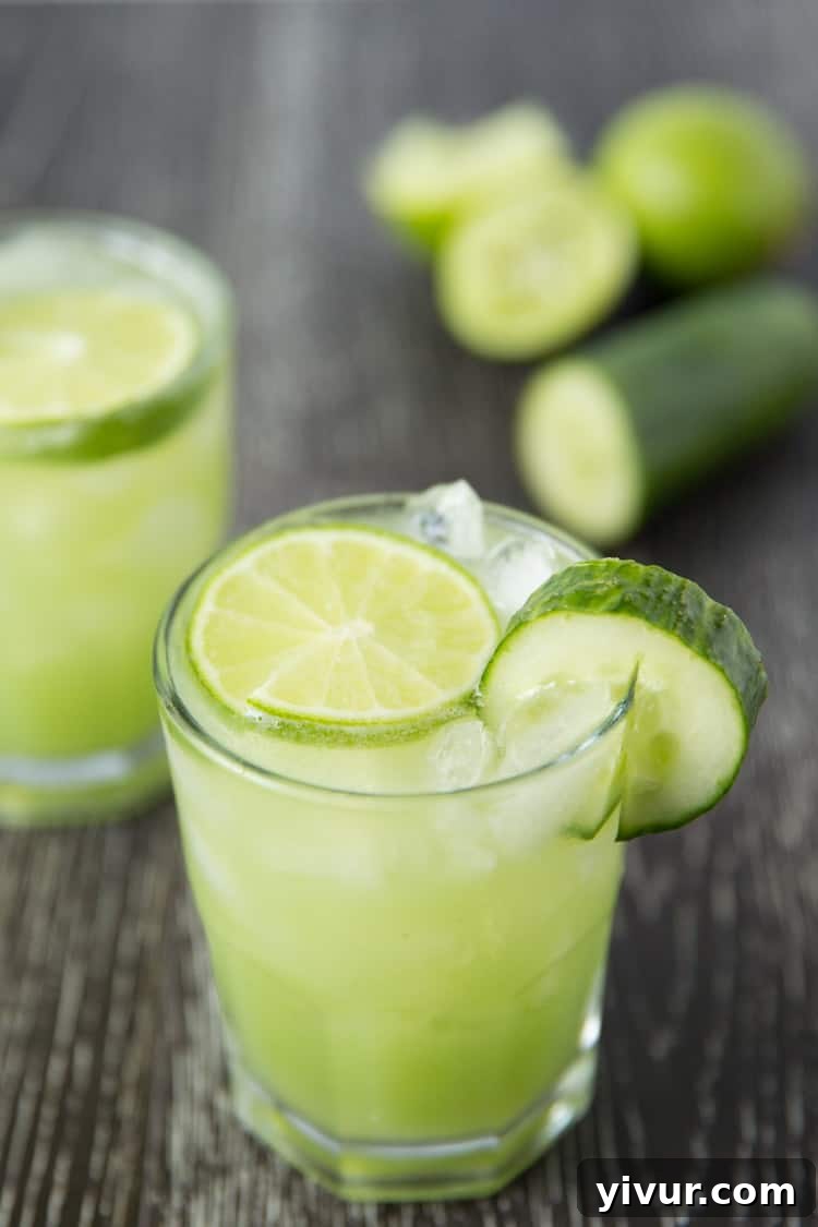 Refreshing cucumber lime margaritas. Three ingredients, and only 135 calories for a guilt-free pleasure!