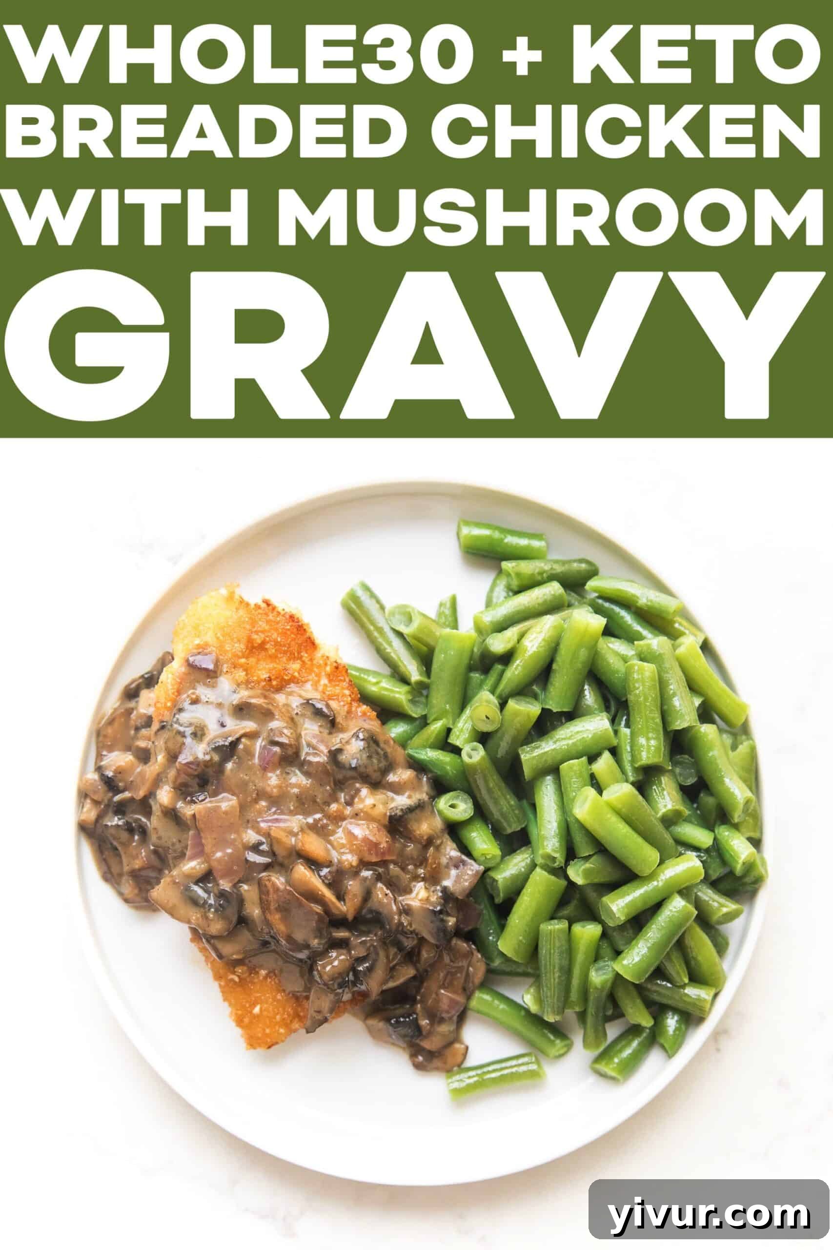 Close-up of crispy breaded chicken with creamy mushroom gravy, highlighting the texture and richness of the dish.