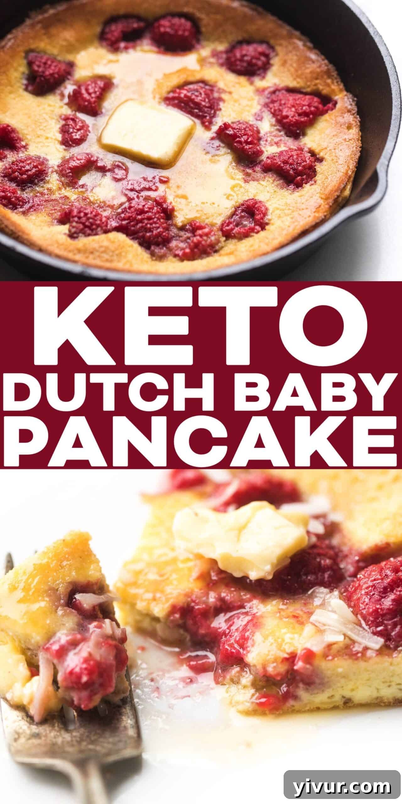 Sliced Keto Dutch Baby Pancake with raspberries, butter, and coconut flakes