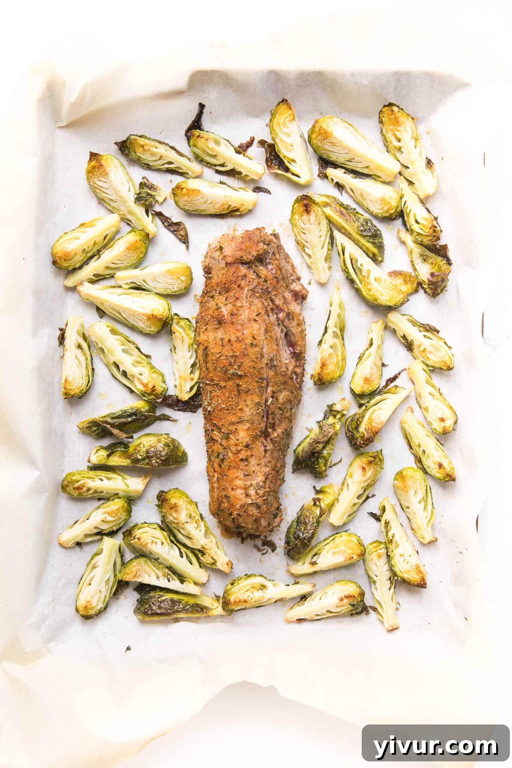 One-Pan Blackened Pork Tenderloin for Whole30 and Keto 2 sheet pan blackened pork tenderloin with brussels sprouts