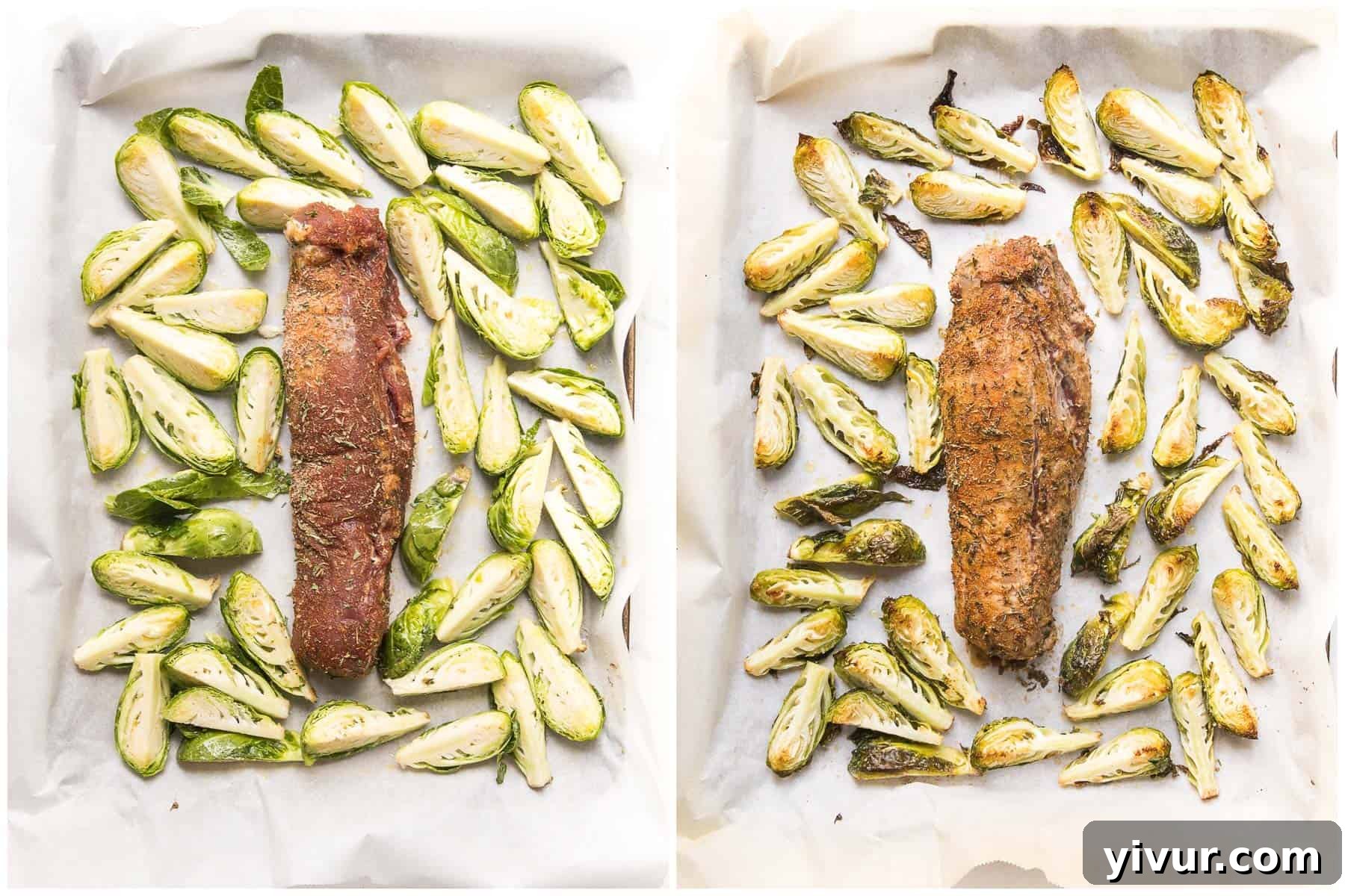 One-Pan Blackened Pork Tenderloin for Whole30 and Keto 3 sheet pan blackened pork tenderloin with brussels sprouts