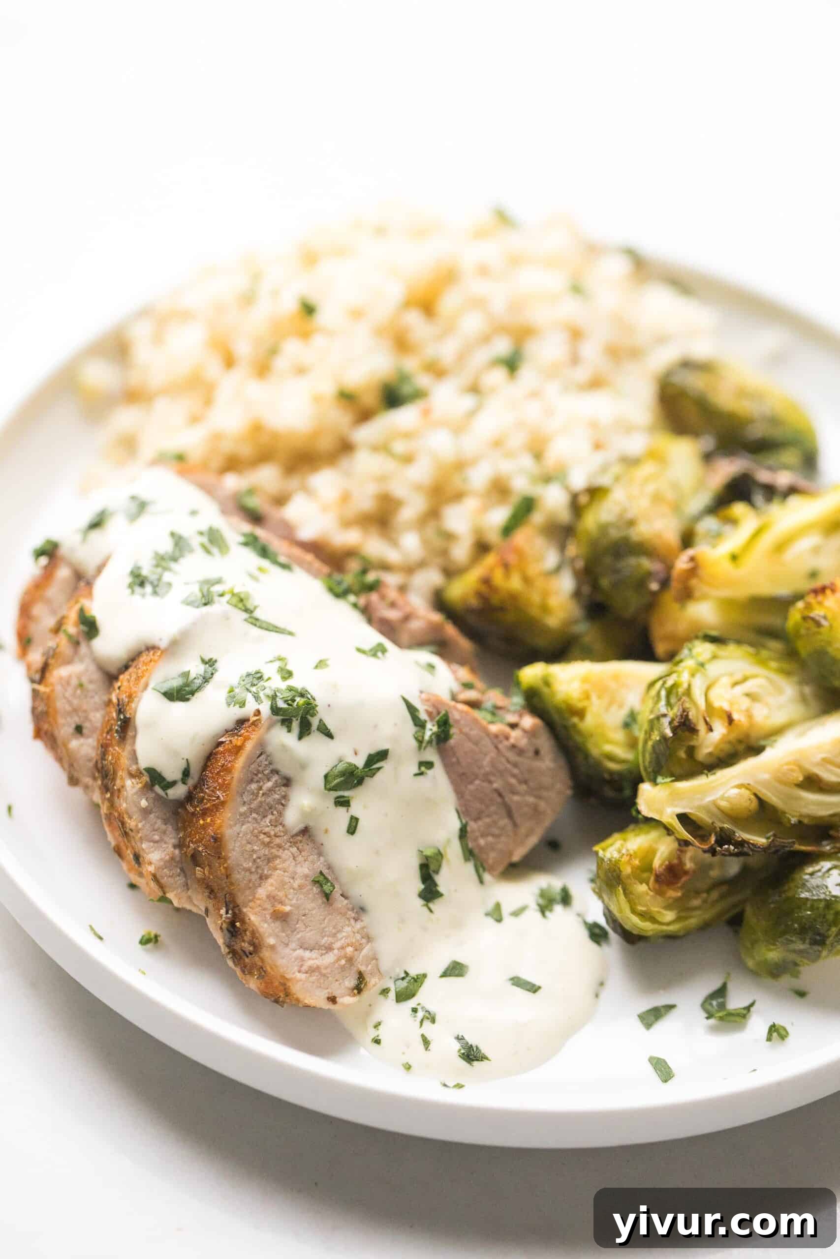 One-Pan Blackened Pork Tenderloin for Whole30 and Keto 4 blackened pork tenderloin topped with white sauce lime garlic aioli with with brussels sprouts and cauliflower rice