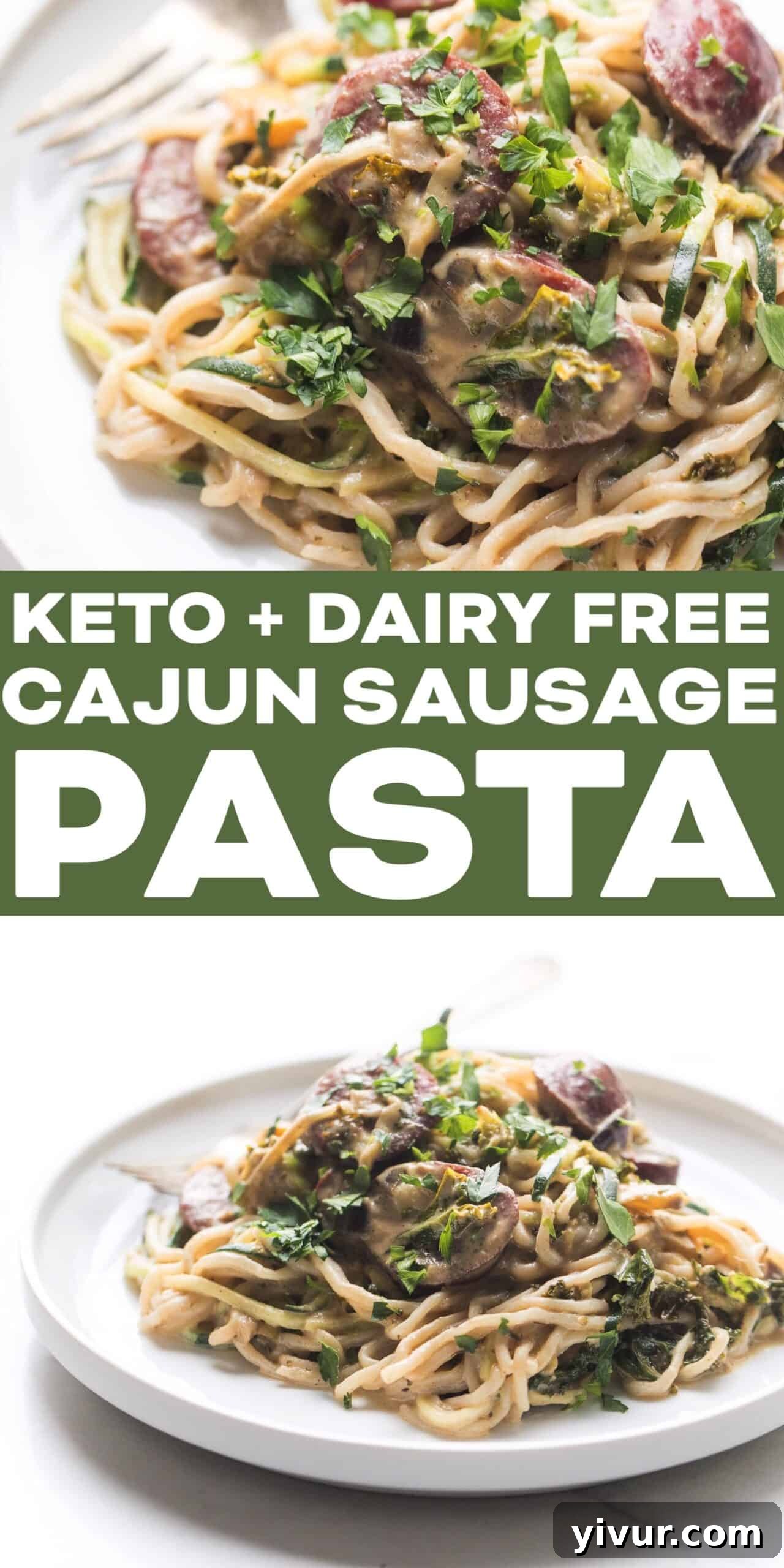 another close-up of creamy cajun sausage pasta in a rustic setting, emphasizing its appeal