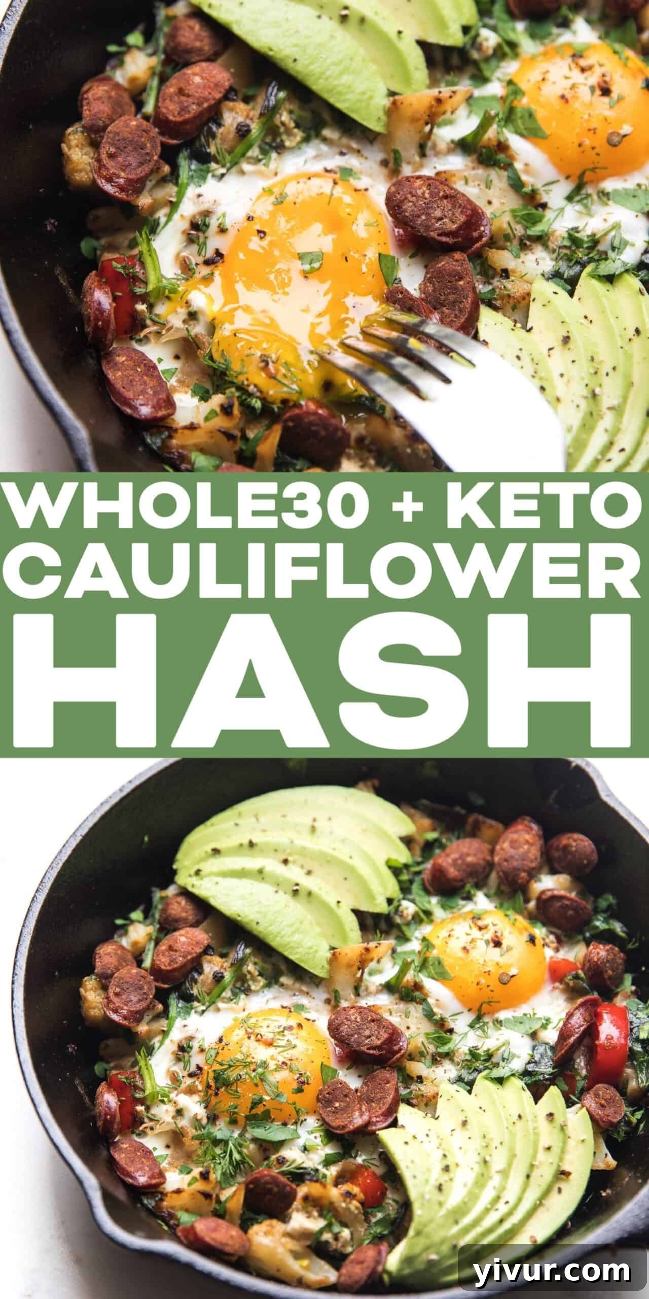 A close-up shot of the finished Whole30 + Keto Cauliflower Breakfast Hash, beautifully garnished with fresh herbs and avocado, showcasing its appeal as a healthy, low-carb meal.