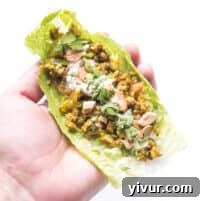 Hand holding Curry lettuce wraps with cashews and cilantro