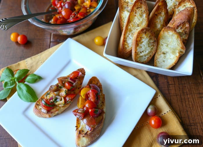 Bruschetta-1: Fresh cherry tomato bruschetta on toasted crostinis