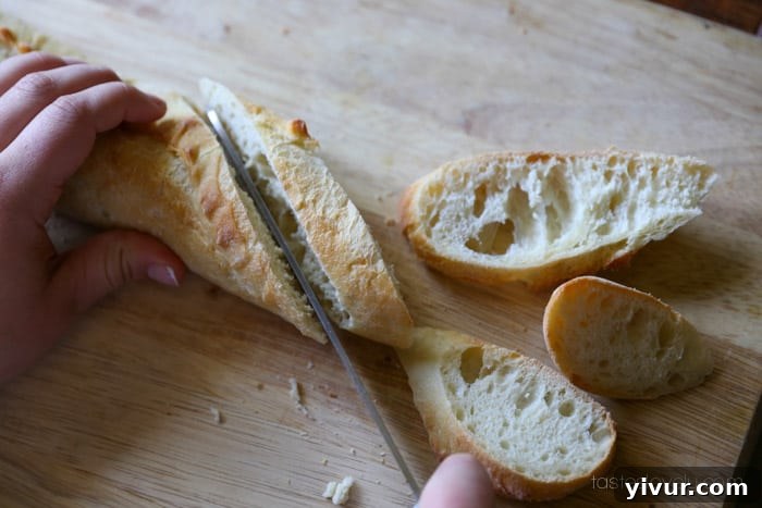 Bruschetta-11: Slicing Italian bread for crostinis