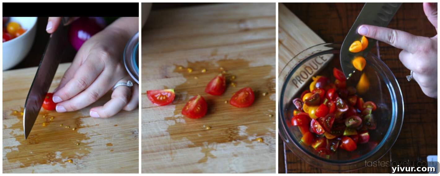 Bruschetta-3: Quartered cherry tomatoes in a bowl