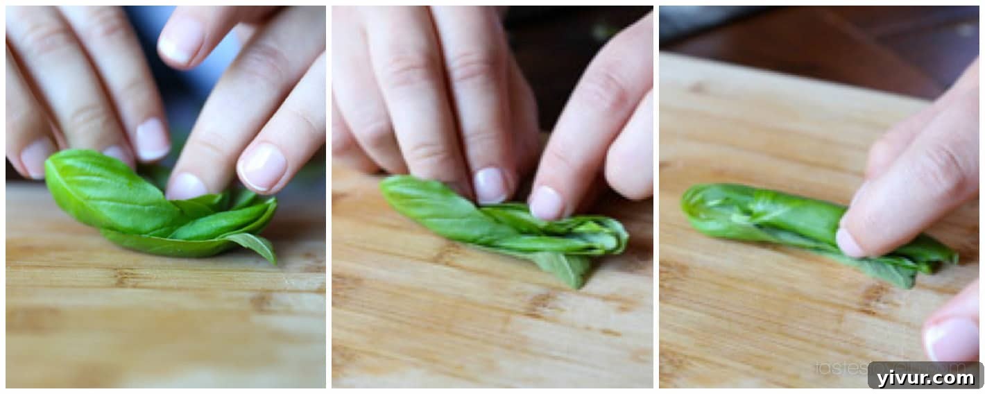 Bruschetta-6: Basil leaves rolled up for chiffonade