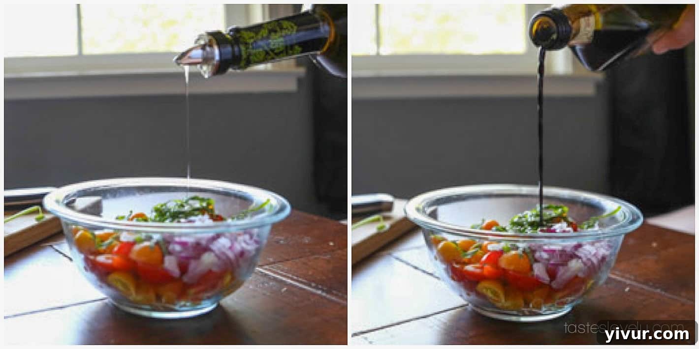 Bruschetta-9: Olive oil and balsamic being drizzled over bruschetta mixture