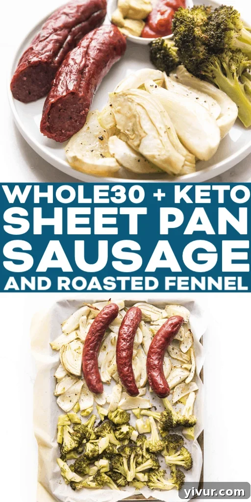 A vibrant, close-up shot of the roasted sheet pan meal with sausage, fennel, and broccoli