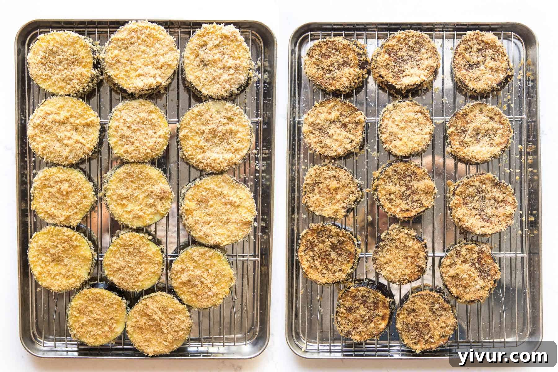 A visual comparison showing eggplant slices before and after being coated and baked to a crispy golden perfection