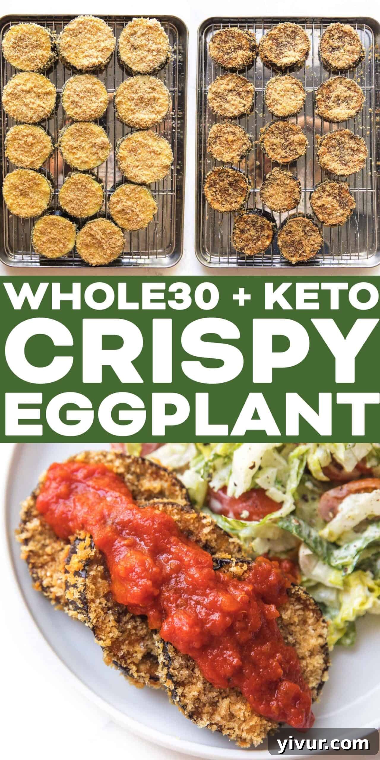 A close-up of crispy coated eggplant slices, hinting at the delicious texture and flavor