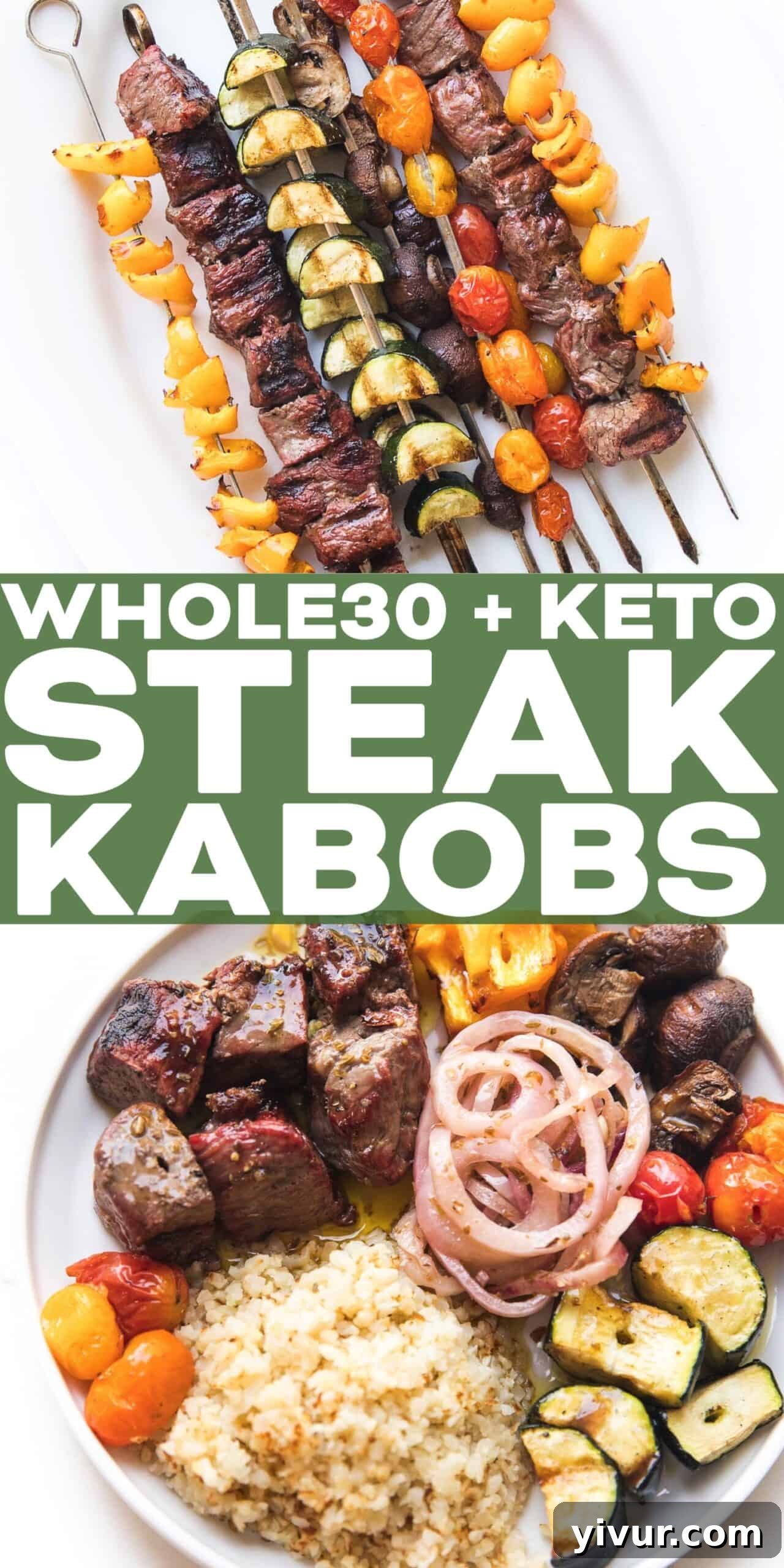 A large platter displaying an abundance of grilled steak and mixed vegetable kabobs, arranged artfully for serving