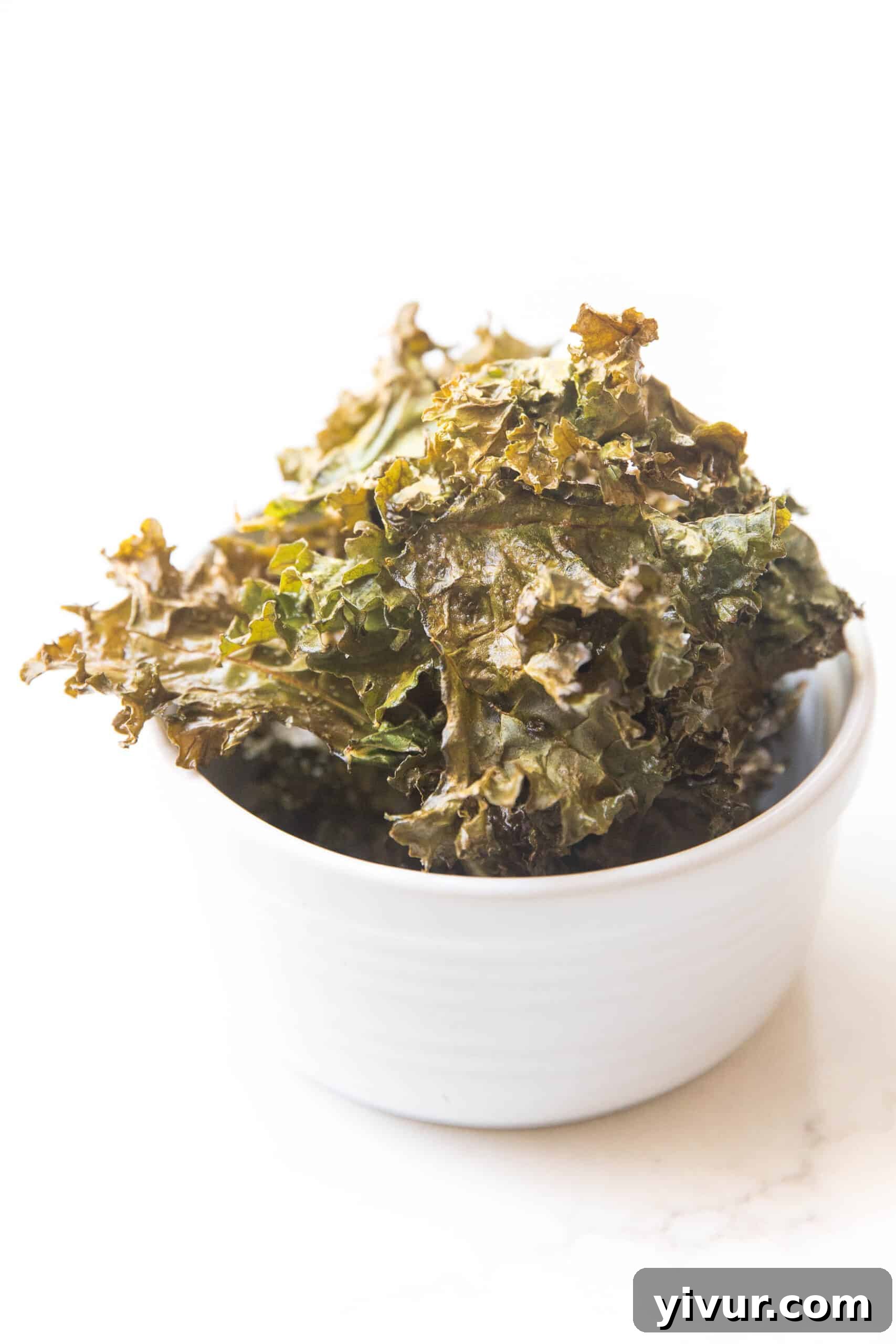Crispy kale chips presented beautifully in a white ceramic bowl against a pristine white background, ready to be enjoyed as a healthy snack.