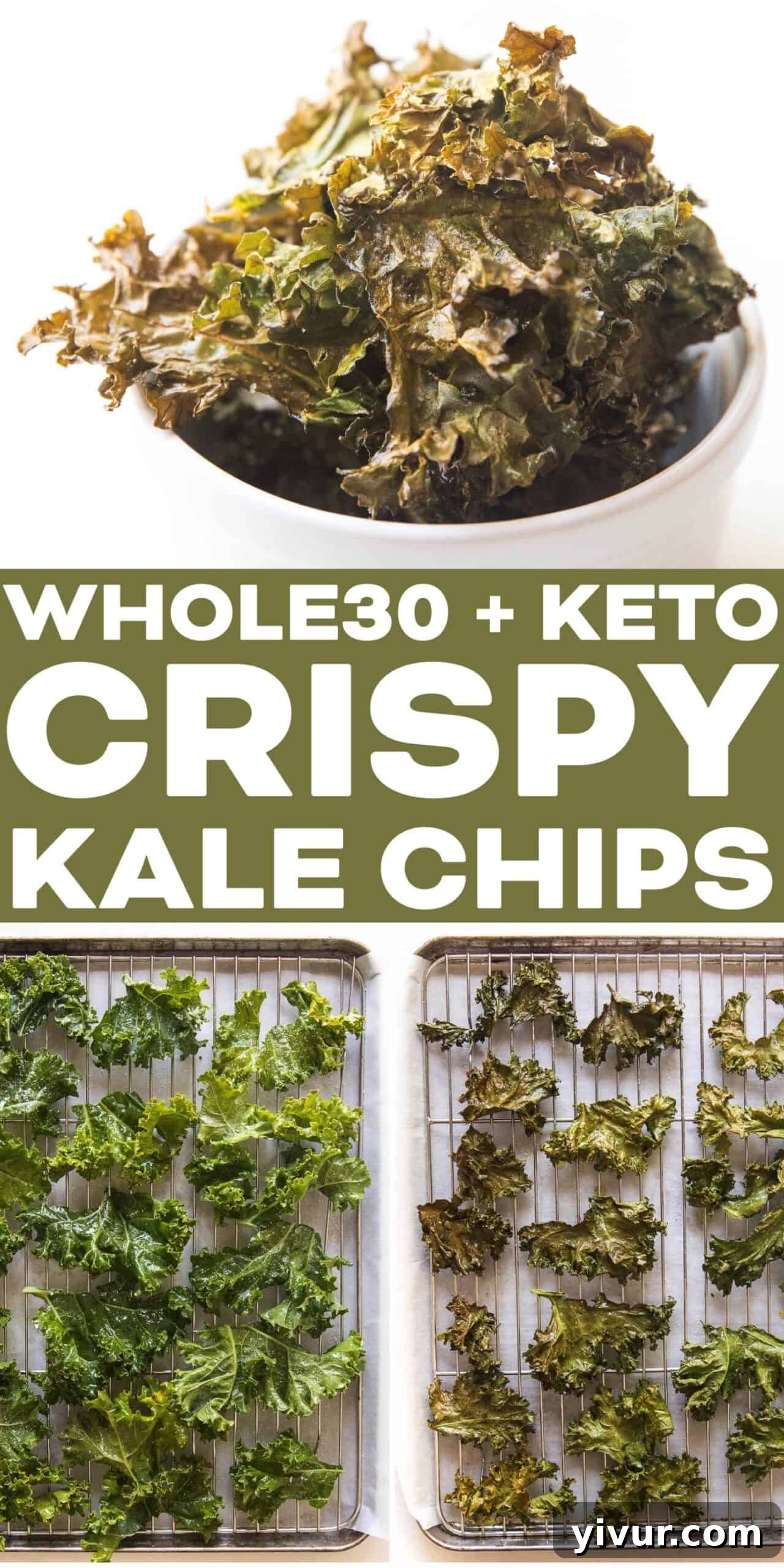 An appetizing close-up of crispy, perfectly baked kale chips piled high in a rustic white bowl, showcasing their texture and inviting nature for snacking.