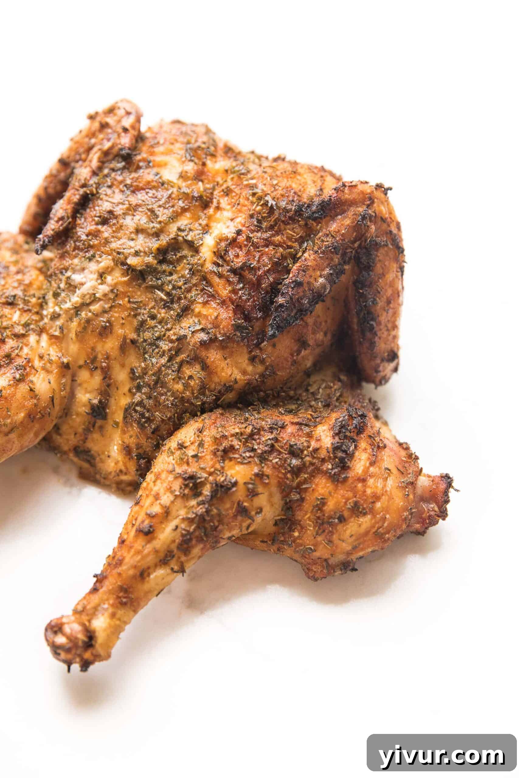 Close-up of a perfectly grilled spatchcock blackened chicken on a white background, showcasing crispy skin.
