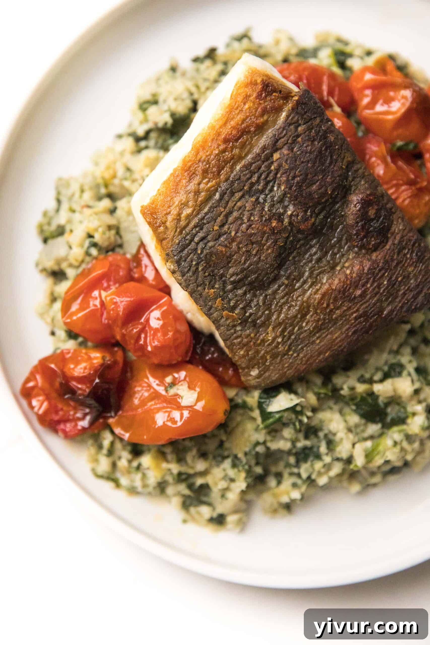 Serving of Whole30 + Keto Halibut atop a vibrant bed of Spinach Artichoke Cauliflower Rice Risotto, with bright red blistered tomatoes adding a pop of color and freshness.
