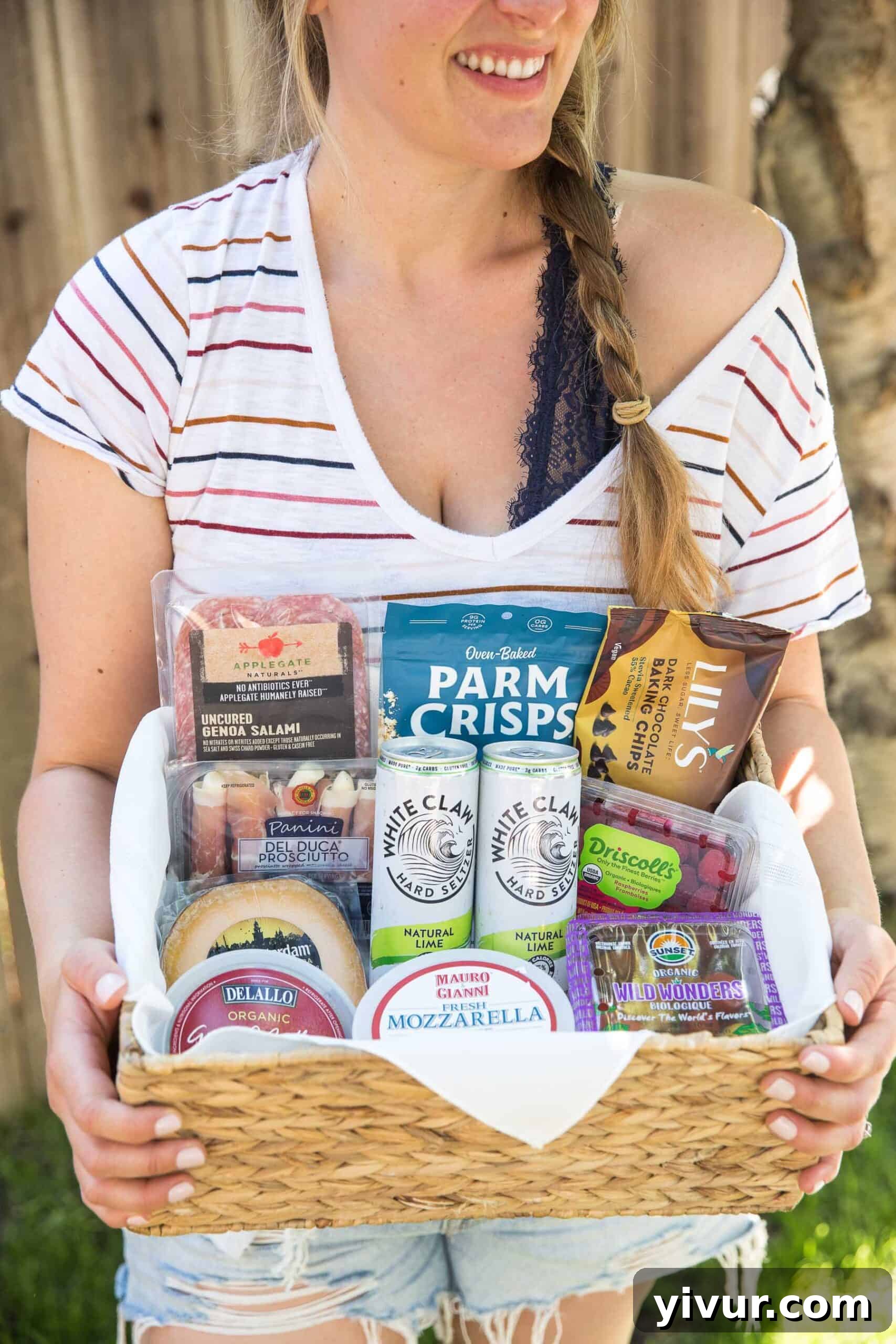 Keto Picnic Romance 2 A romantic picnic basket brimming with delicious keto-friendly foods, drinks, and a low-carb dessert, set up for an intimate date night in the backyard.