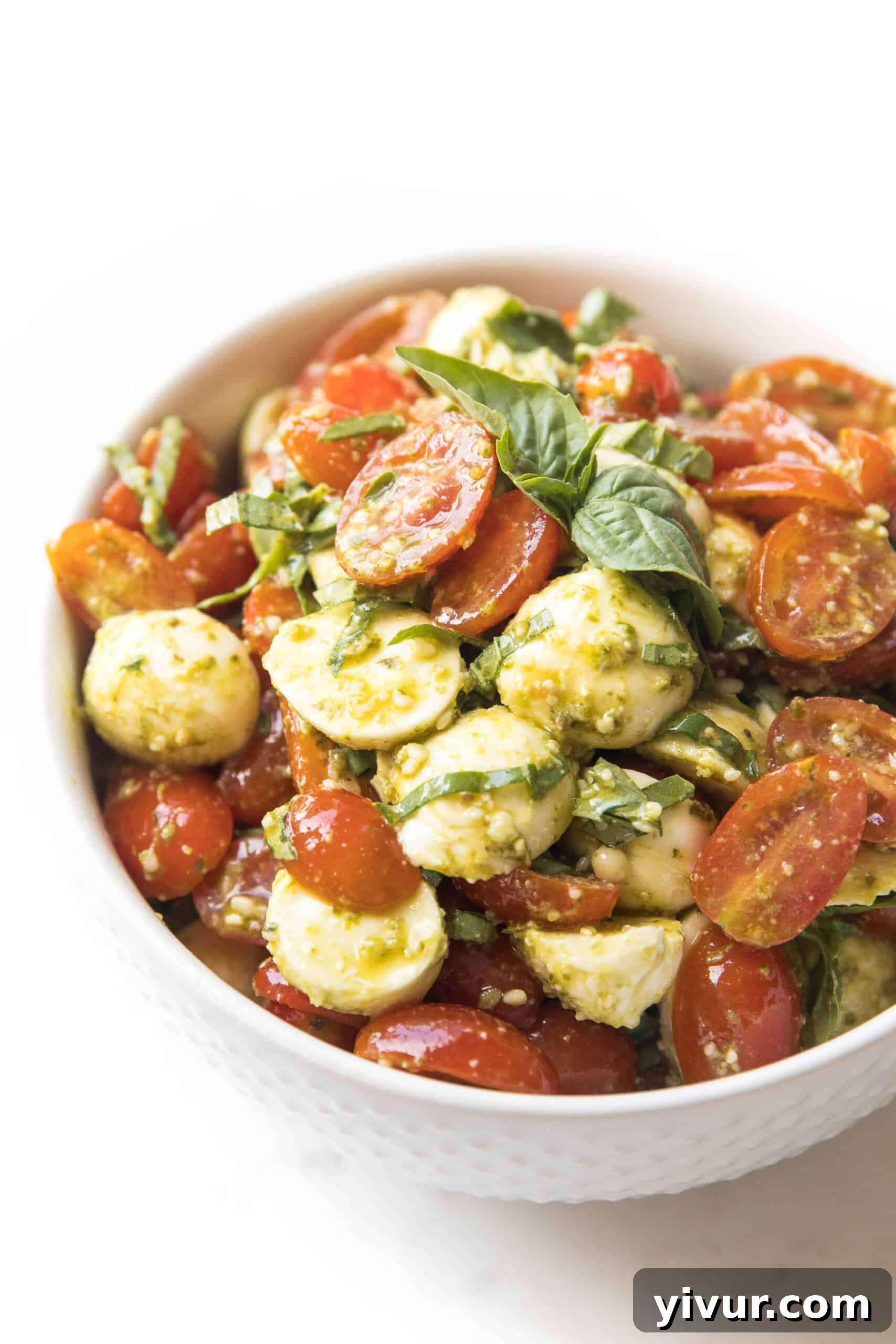 A bowl of freshly prepared Keto Pesto Caprese Salad, garnished with extra basil leaves, ready for enjoyment.