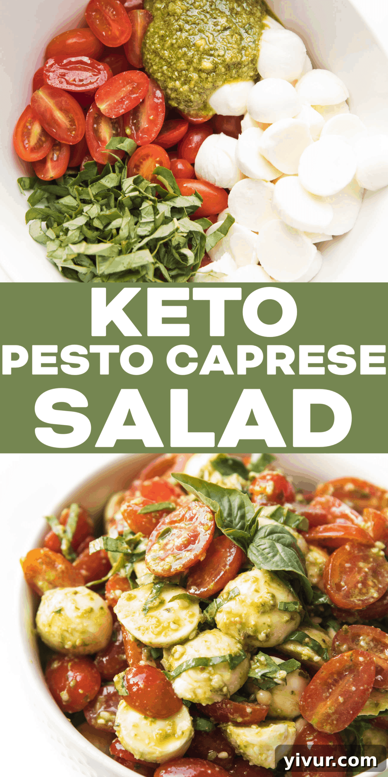 A beautifully presented Keto Pesto Caprese Salad, emphasizing its fresh ingredients and vibrant colors, perfect for a healthy meal.
