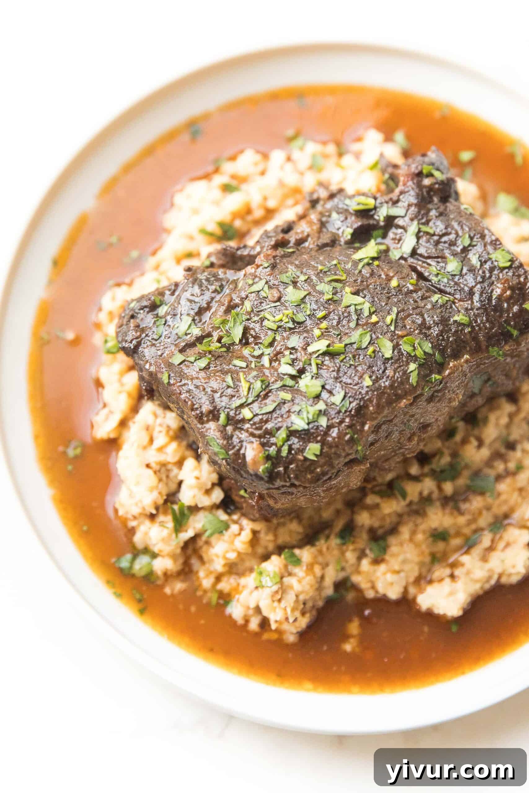 Melt-In-Your-Mouth Instant Pot Keto Short Ribs 3 A serving of braised short ribs presented beautifully over a bed of creamy cauliflower rice risotto on a pristine white plate.