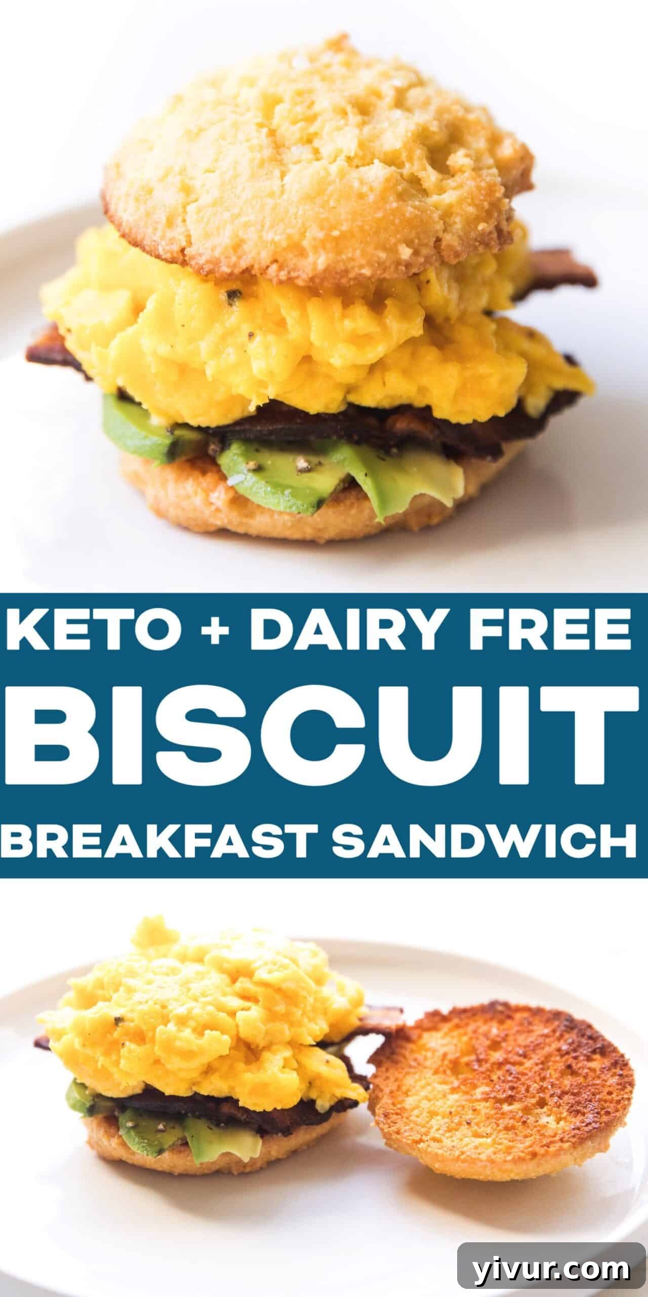 A final, appealing shot of the keto biscuit breakfast sandwich, emphasizing its hearty nature and the freshness of the ingredients, inviting viewers to try the recipe.