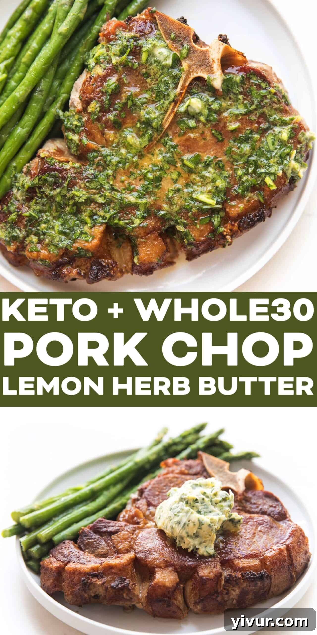 Top-down view of two beautifully cooked Whole30 Keto pork chops with melted lemon herb butter, fresh parsley, and a lemon wedge, on a white plate with asparagus