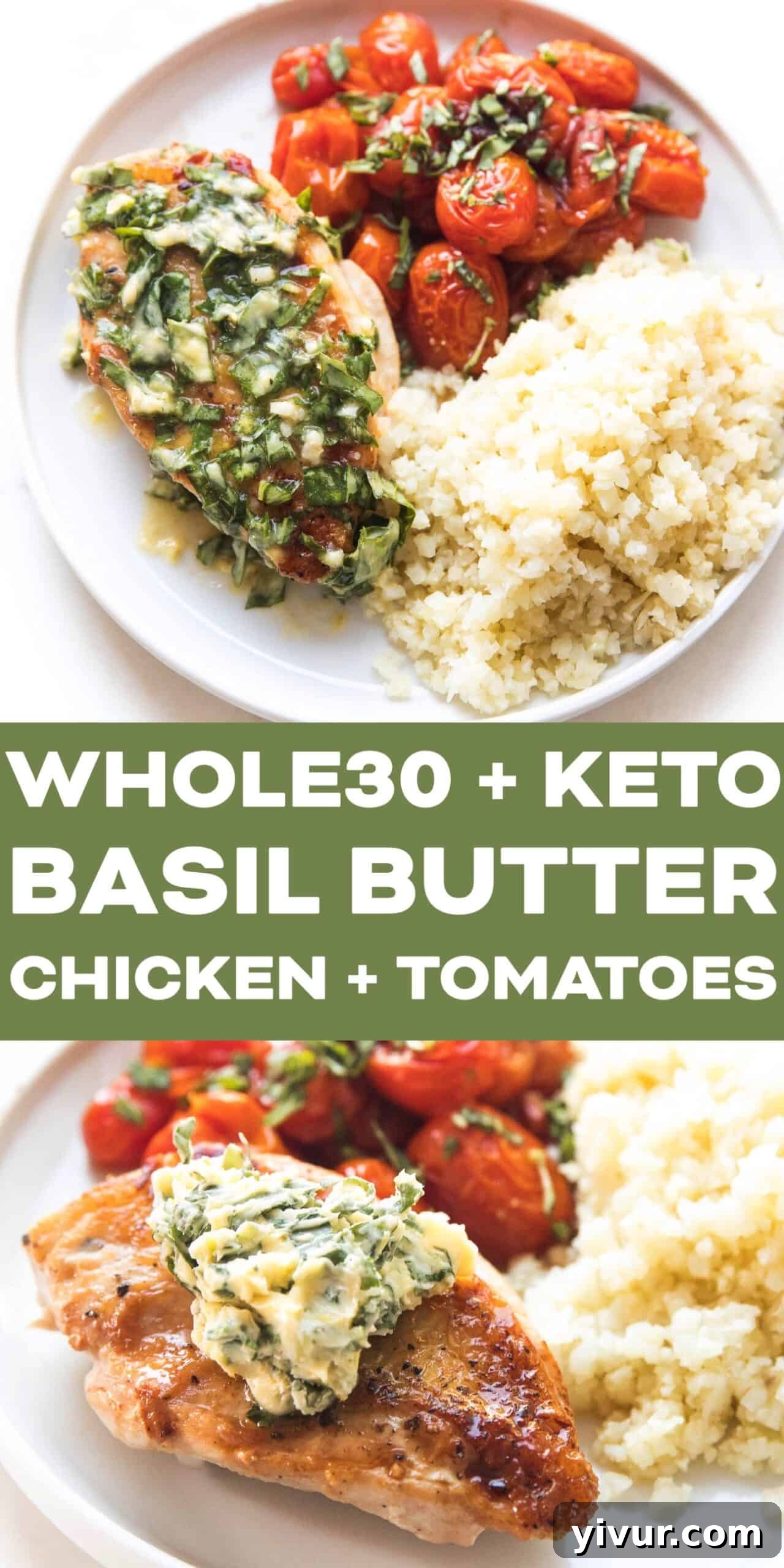 Beautifully presented keto skillet chicken with blistered tomatoes and a dollop of basil butter, highlighting the vibrant colors and appealing texture of the meal.