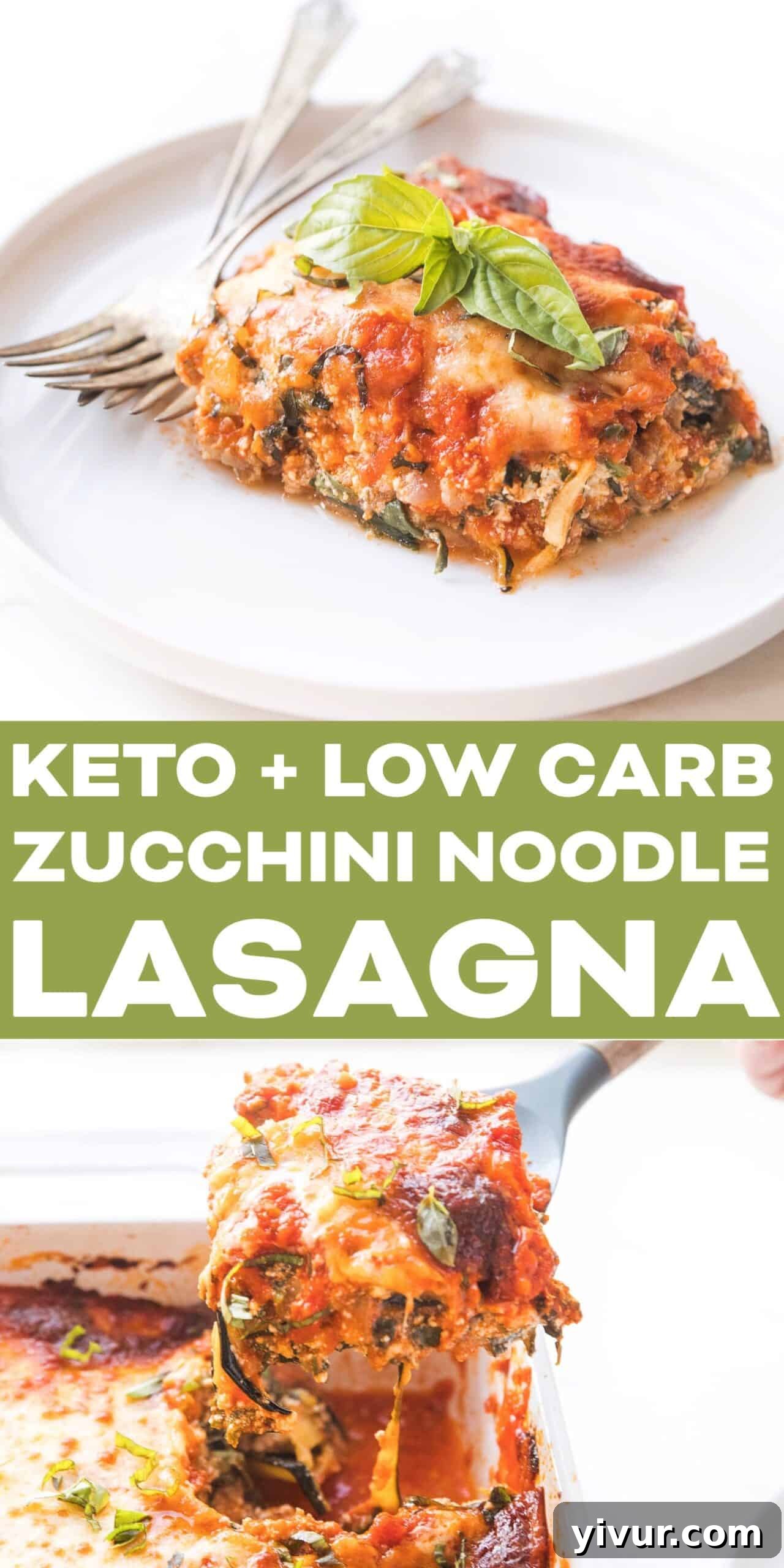 keto low carb lasagna with zucchini noodles being served from a baking dish
