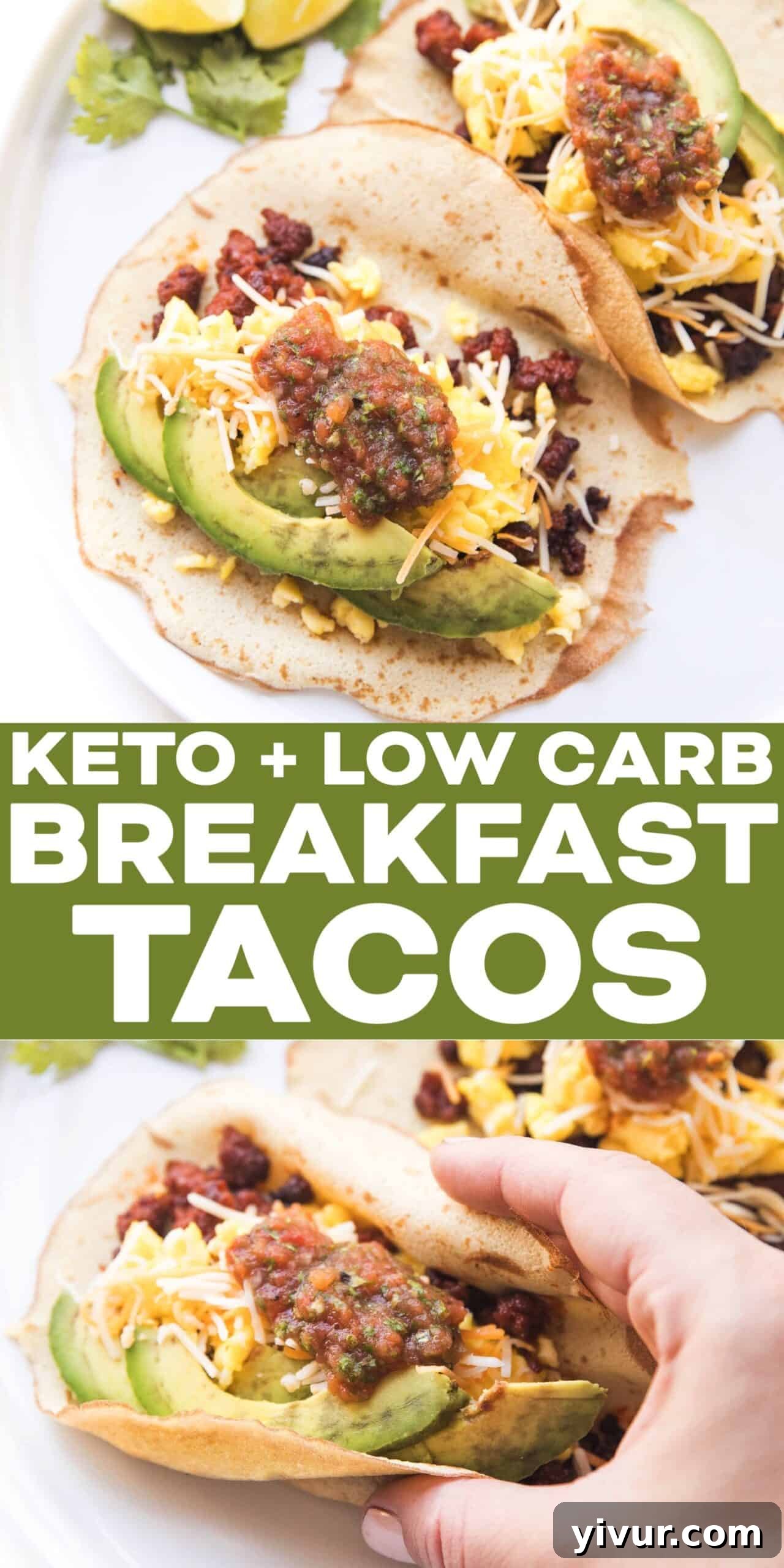 Low-Carb Morning Taco Delights 5 Two Keto Breakfast Tacos with vibrant toppings on a white plate