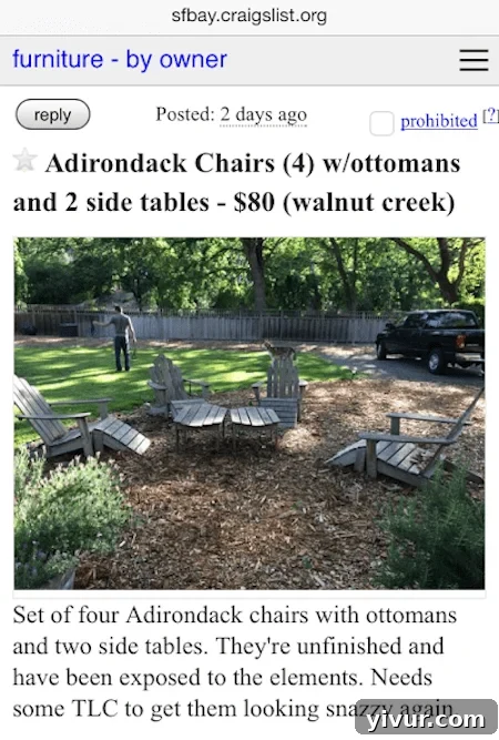 Craigslist ad for Adirondack chairs