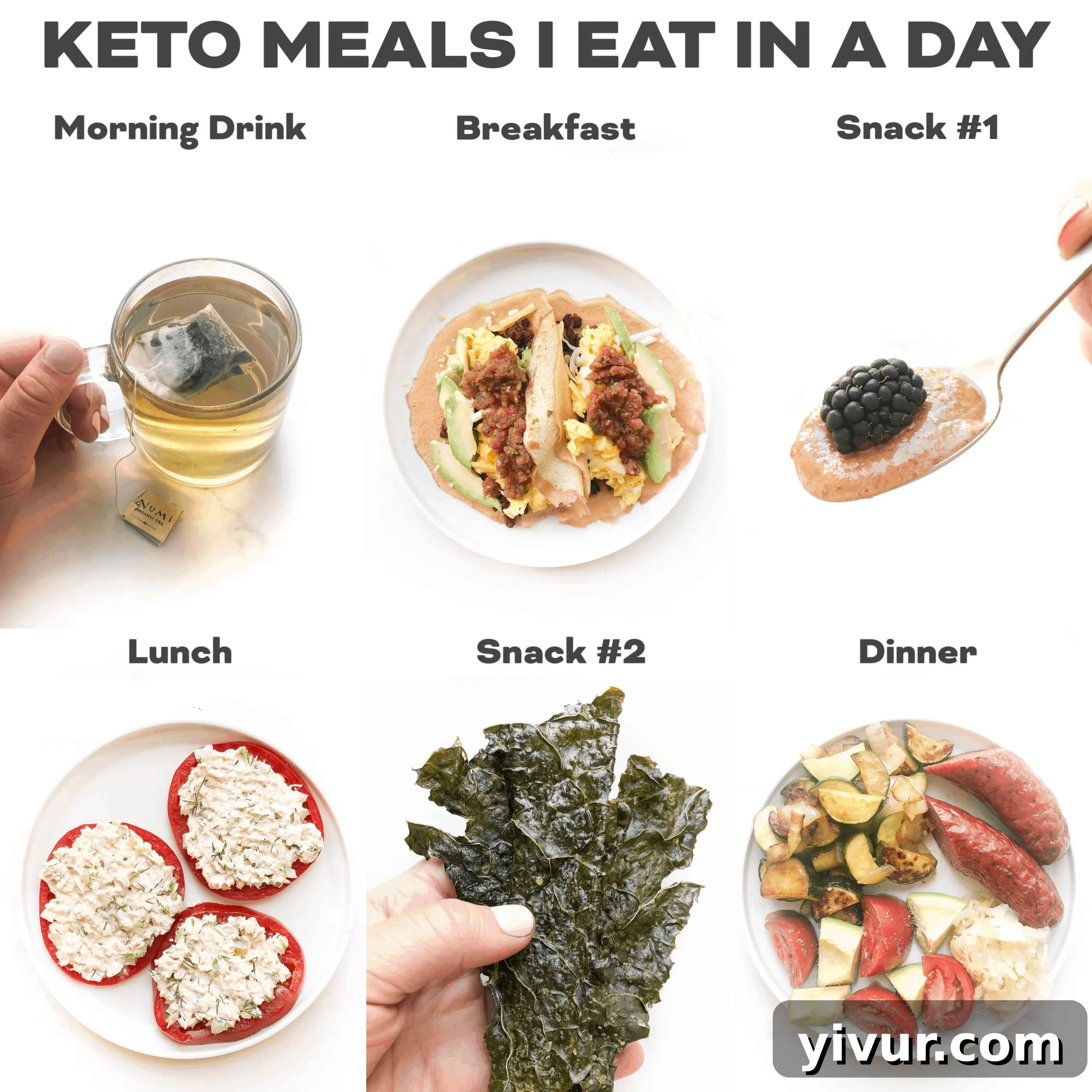 A delicious and healthy keto meal spread, including breakfast tacos, nut butter with berries, tuna salad, kale chips, and grilled sausage with vegetables, all part of a real-life keto diet.