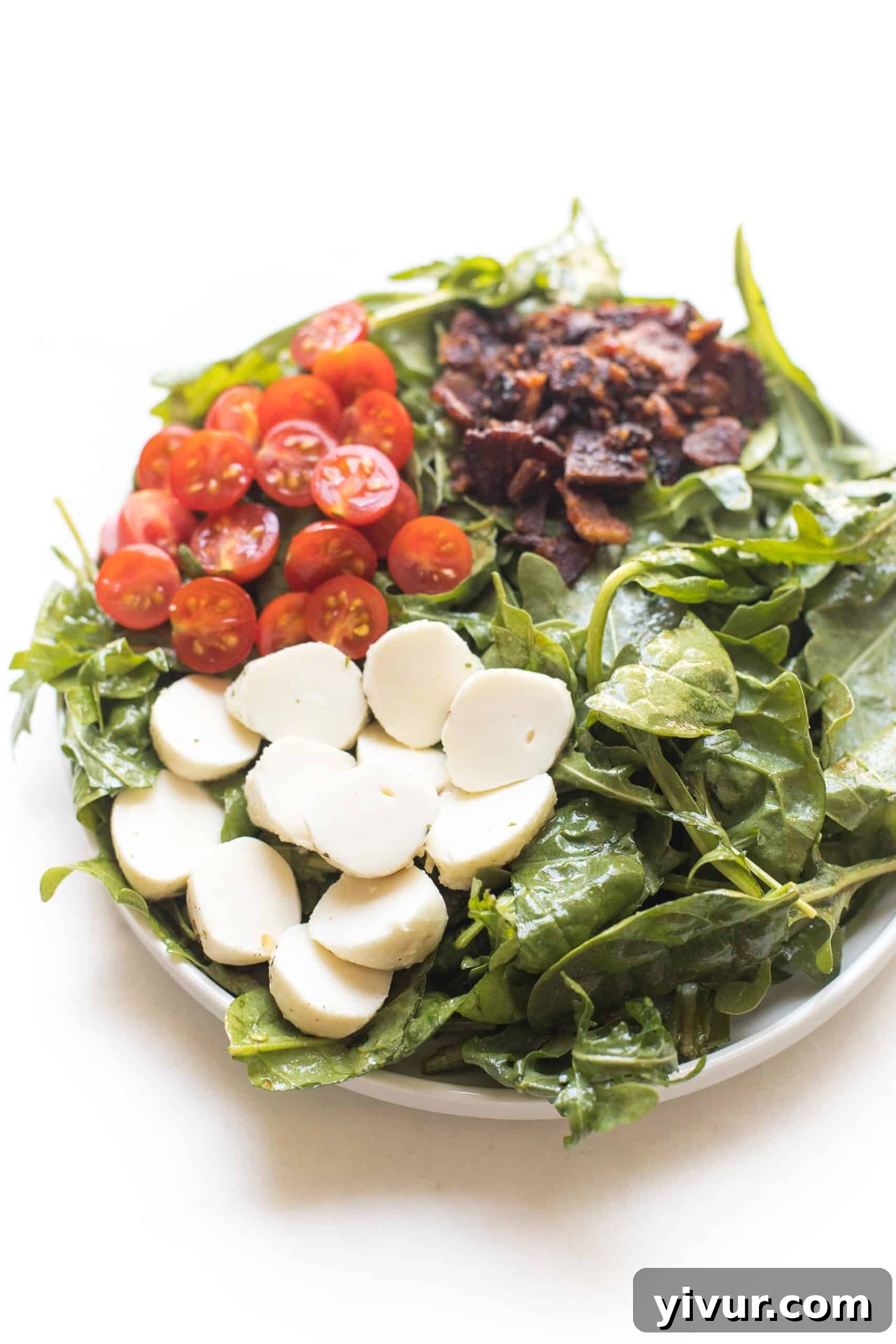 keto salad with bacon, tomatoes and mozzarella cheese on spinach and arugula on a white plate