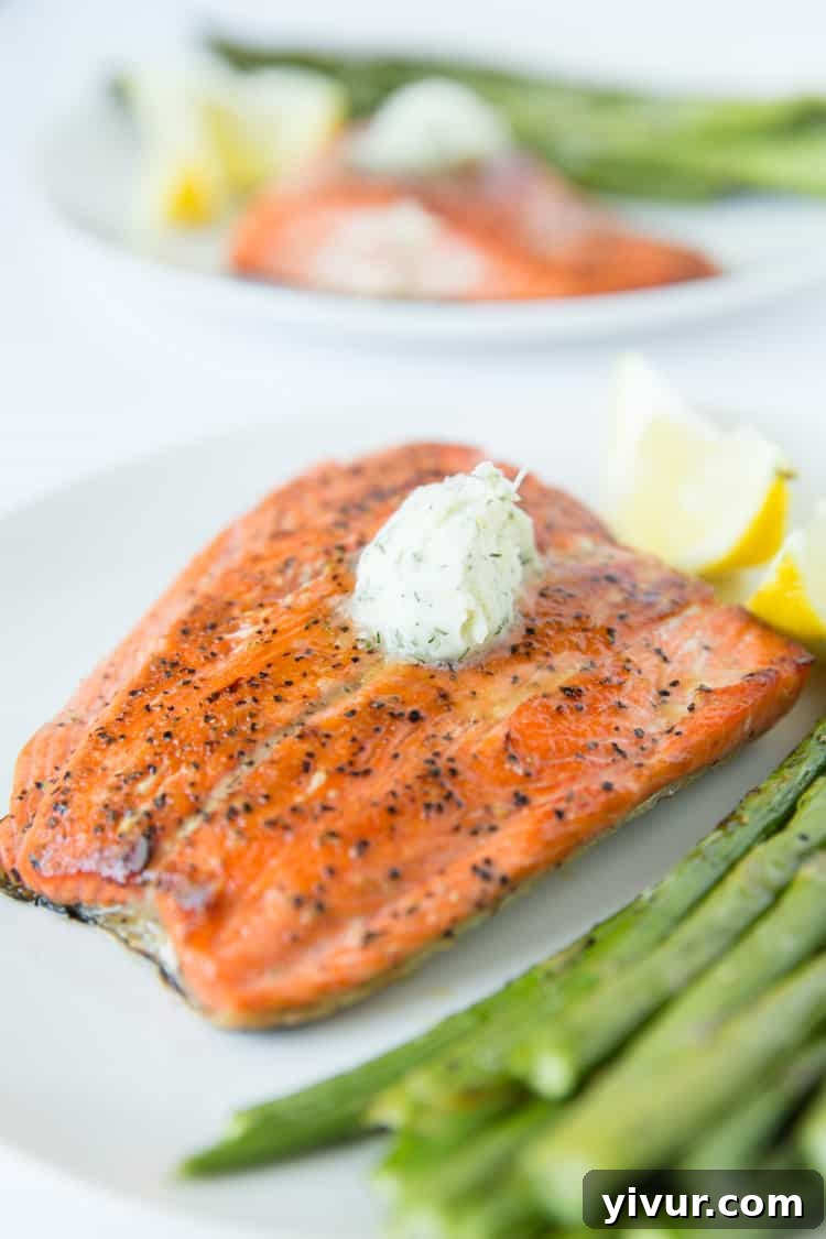Golden Seared Salmon with Fresh Dill Butter 2 Perfectly pan-seared salmon topped with a rich dill and garlic compound butter, ready in just 15 minutes for a healthy and delicious meal.