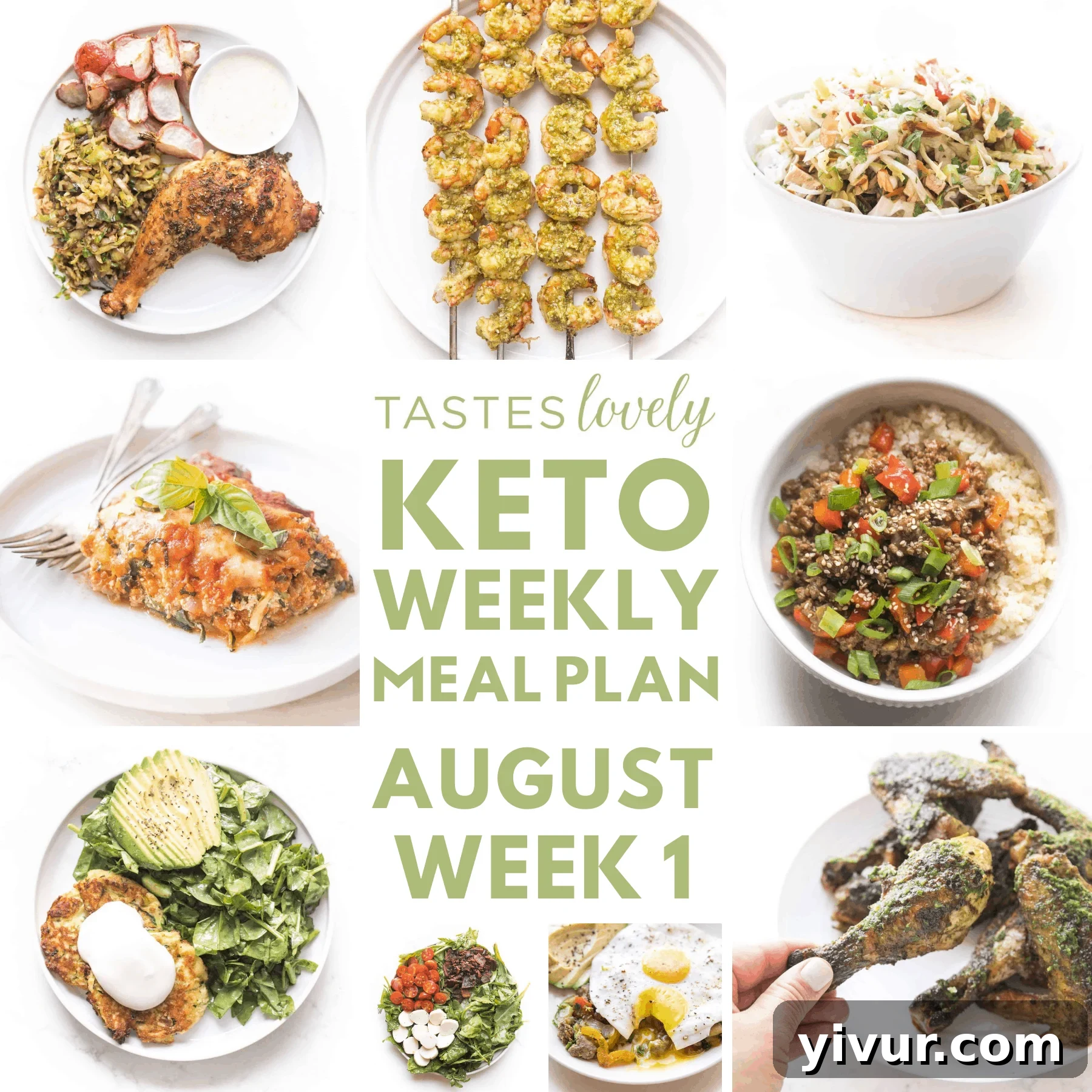 A vibrant collage showcasing various delicious keto meals for the week, including grilled chicken, shrimp skewers, and colorful salads, set against a clean kitchen background.
