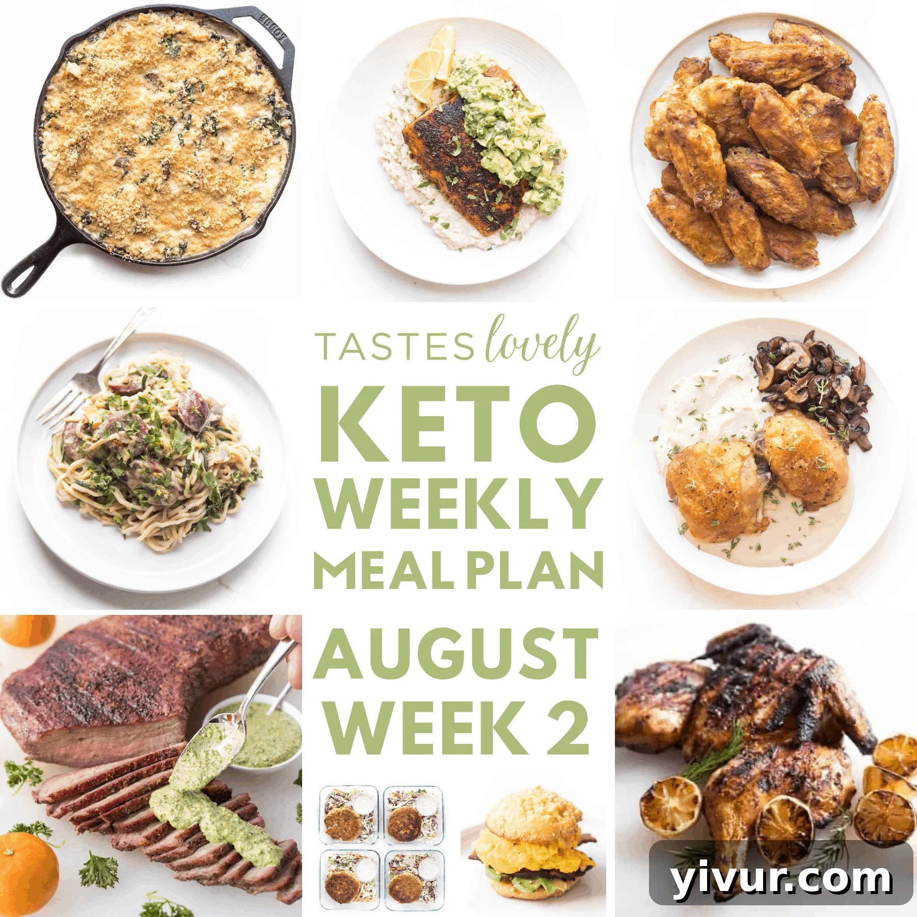 August Keto Meals Week Two 2 A beautifully presented weekly keto meal plan, showcasing a diverse range of low-carb dishes ready for the week.