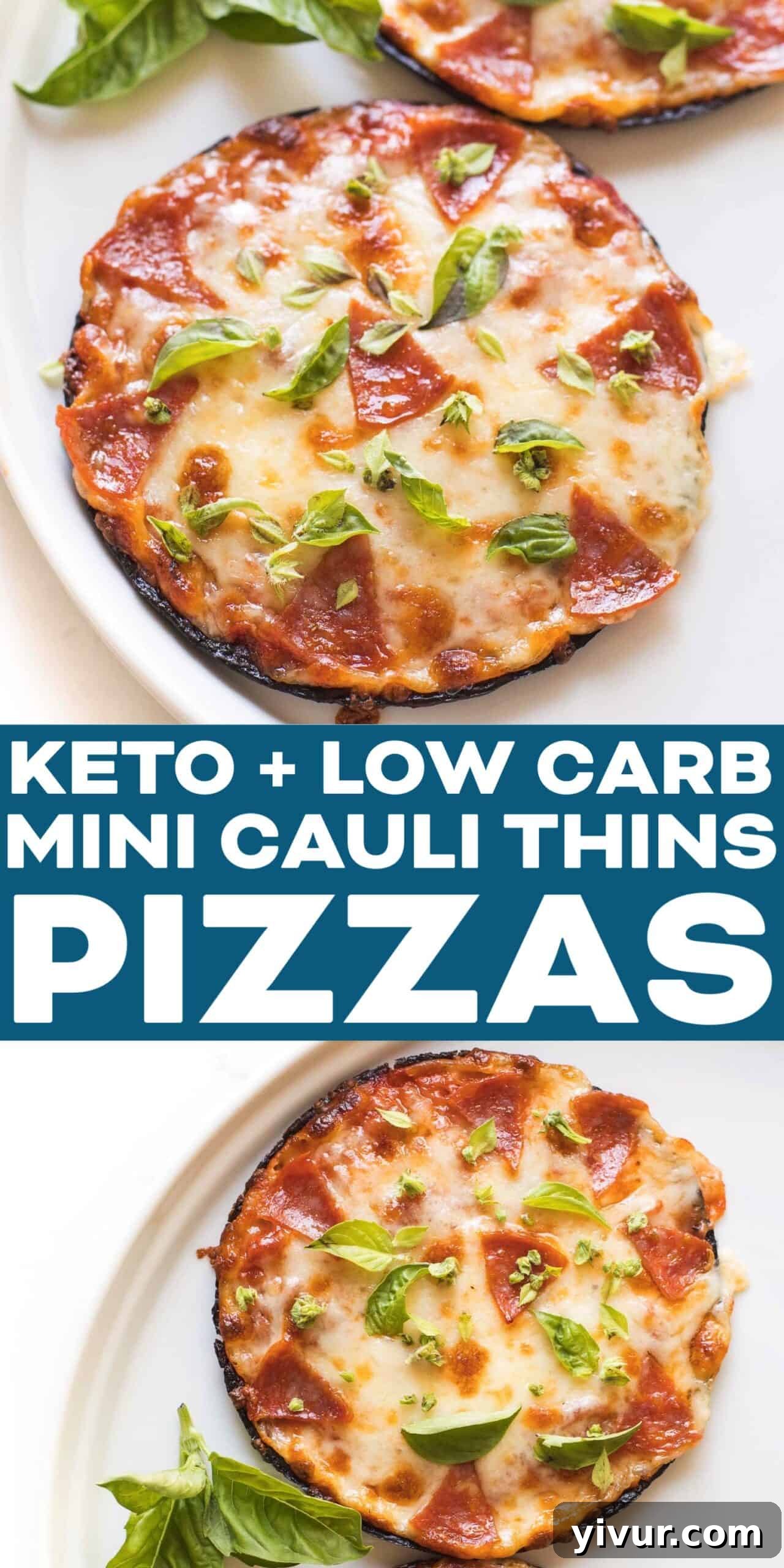 Overhead shot of two keto mini cauliflower thin pepperoni pizzas on a white plate with fresh basil, ready to be eaten.