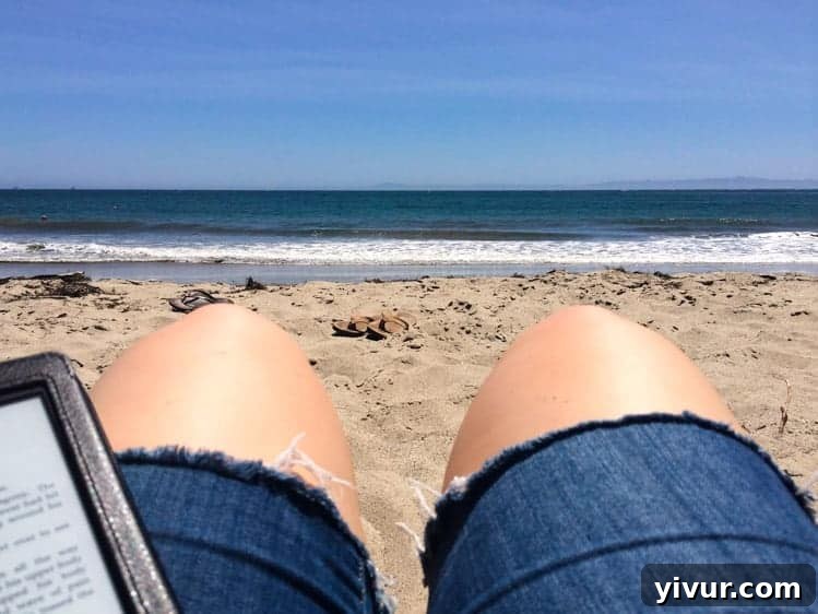 Sunny Santa Barbara Beach with ocean waves and distant mountains