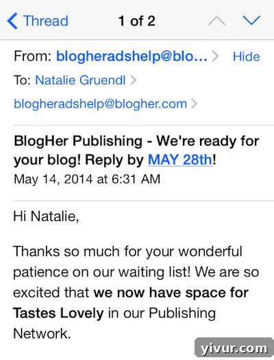 Email screenshot showing acceptance into BlogHer Publishing Network