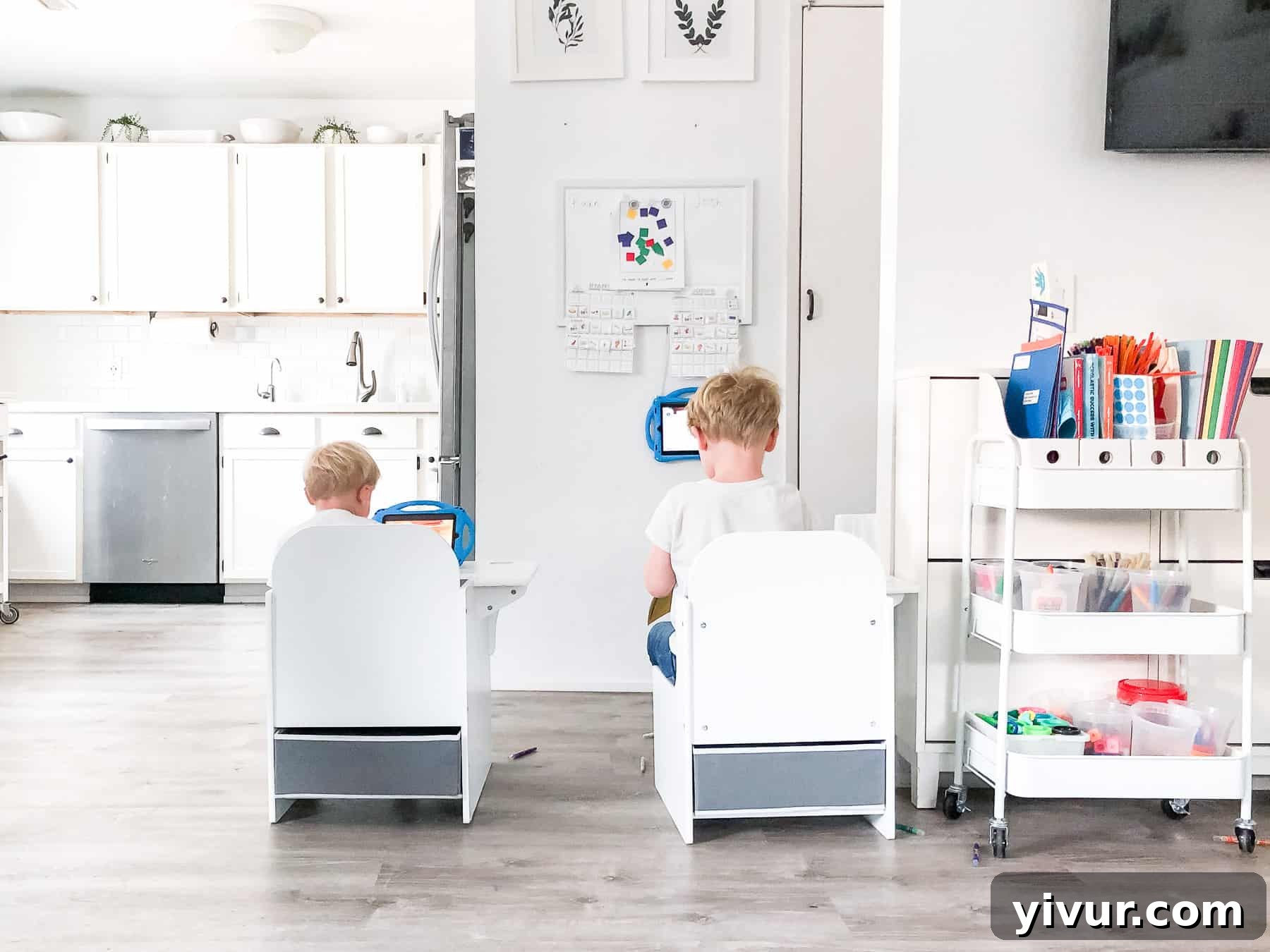 Our Virtual Learning Hub 2 Inspiring kindergarten virtual learning home setup with a dedicated child's desk and a well-organized art cart for a small home