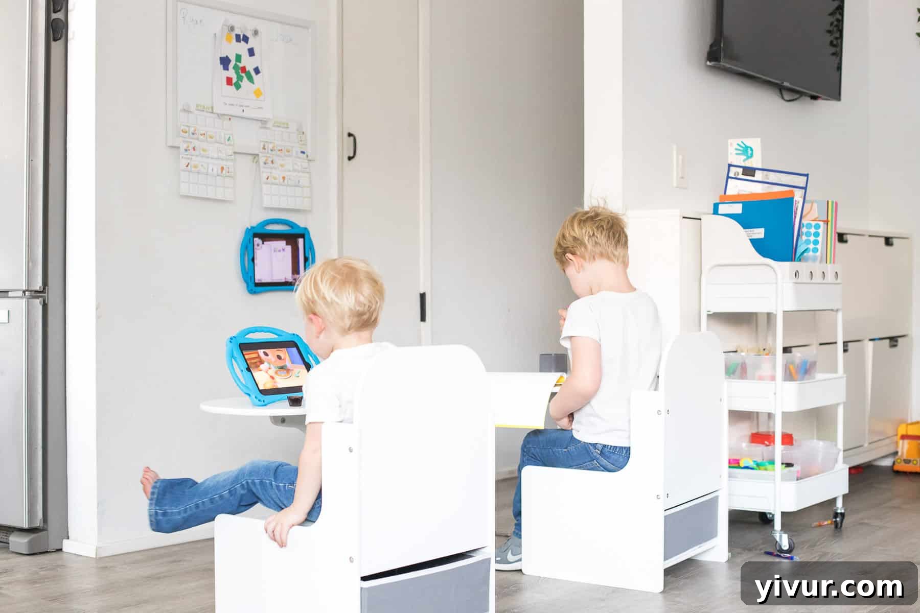 Our Virtual Learning Hub 5 Happy kindergarten student at his dedicated virtual learning desk with supplies