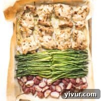 Sheet pan dinner with dijon mustard chicken thighs, asparagus and radishes