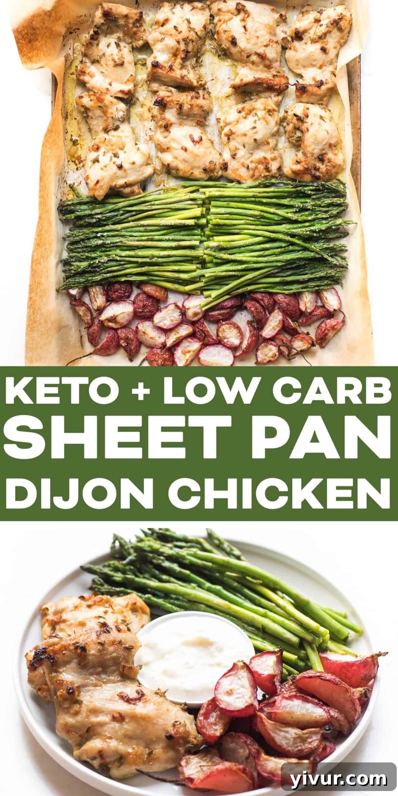 Full sheet pan of roasted Keto Sheet Pan Dijon Chicken + Radishes with asparagus, showing the rich colors and textures of the meal, ready for serving.