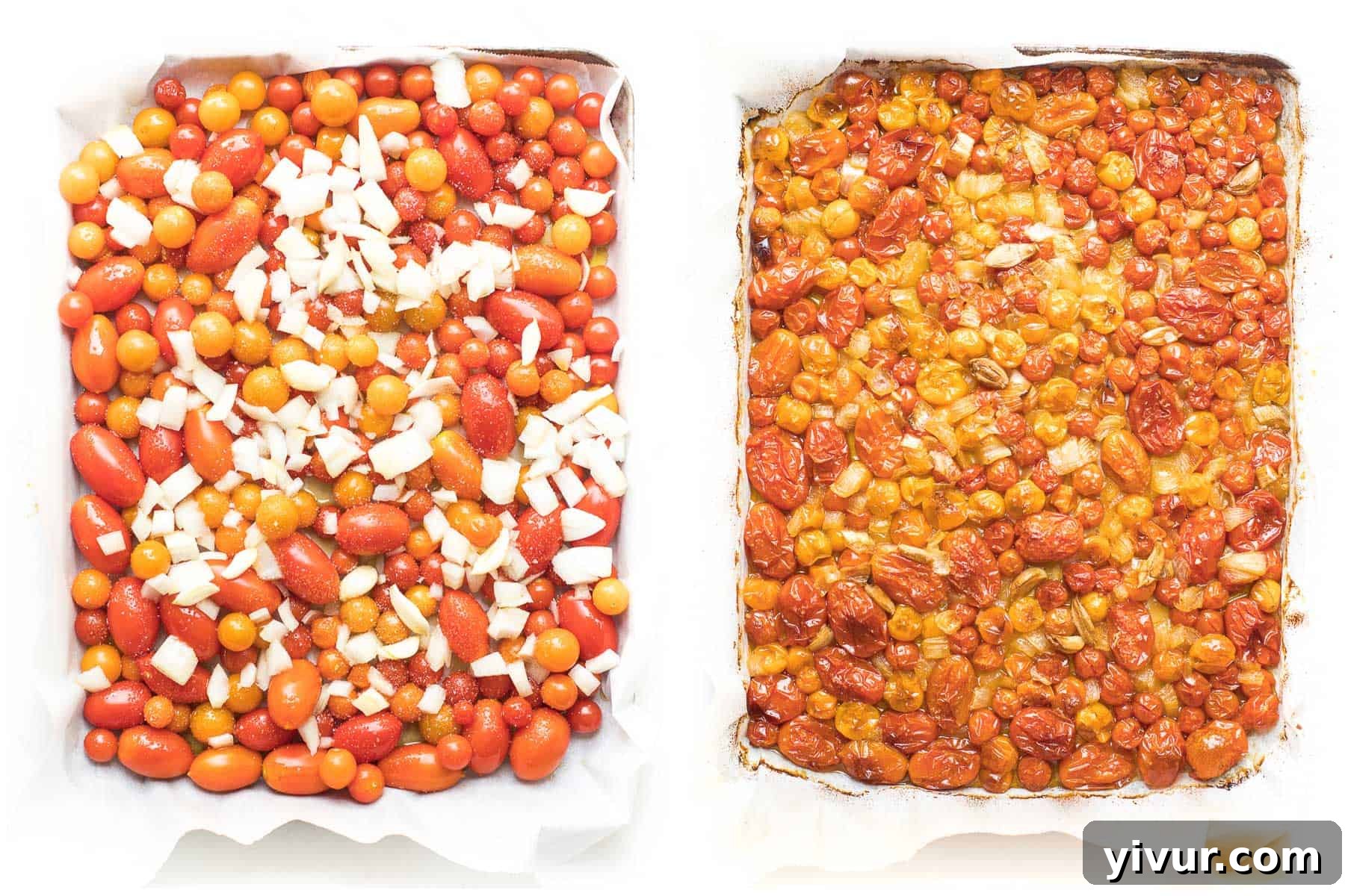 Roasting garden tomatoes, onion, and garlic on a sheet pan for marinara sauce